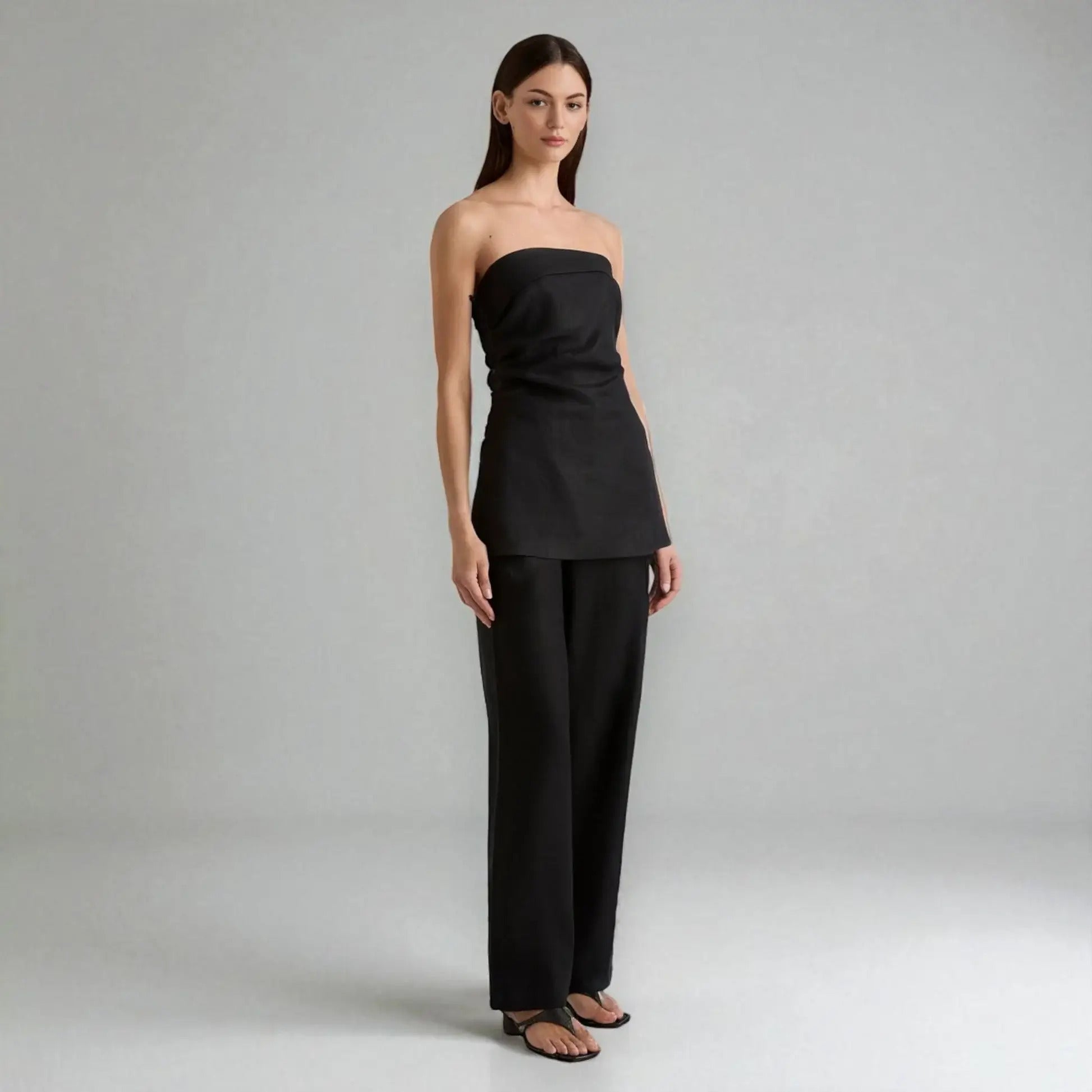 Linen Two-Piece Set, Tube Linen Top And Wide Leg Trousers Set