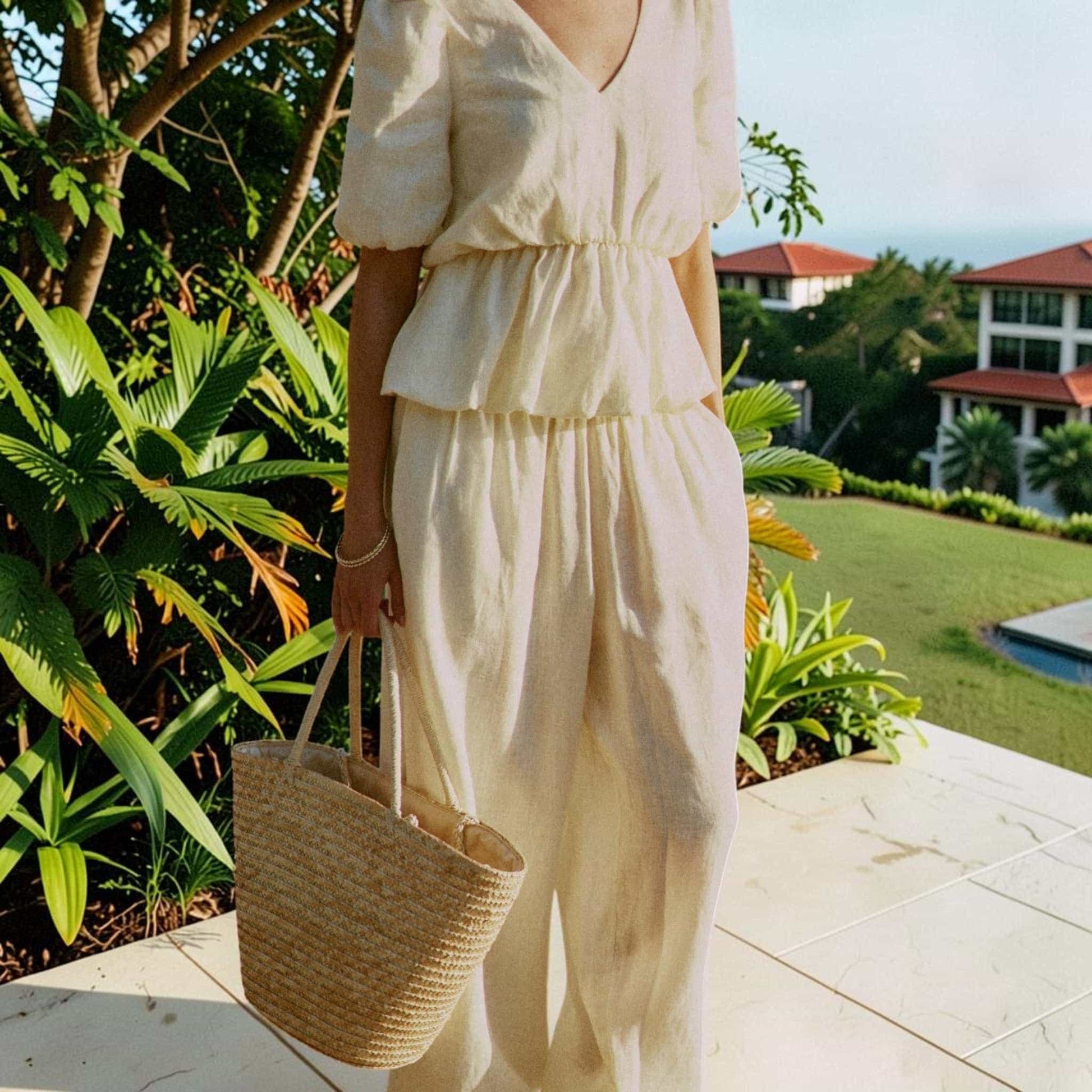 Linen Two Piece Set, V Neck Linen Peplum Top And Loose Balloon Pants
