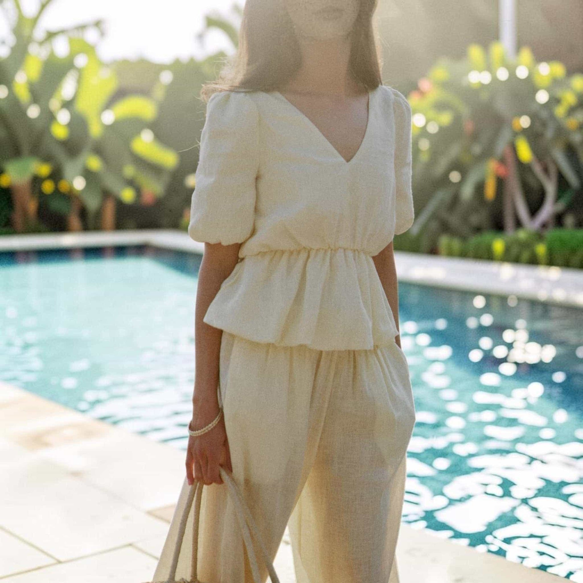 Linen Two Piece Set, V Neck Linen Peplum Top And Loose Balloon Pants