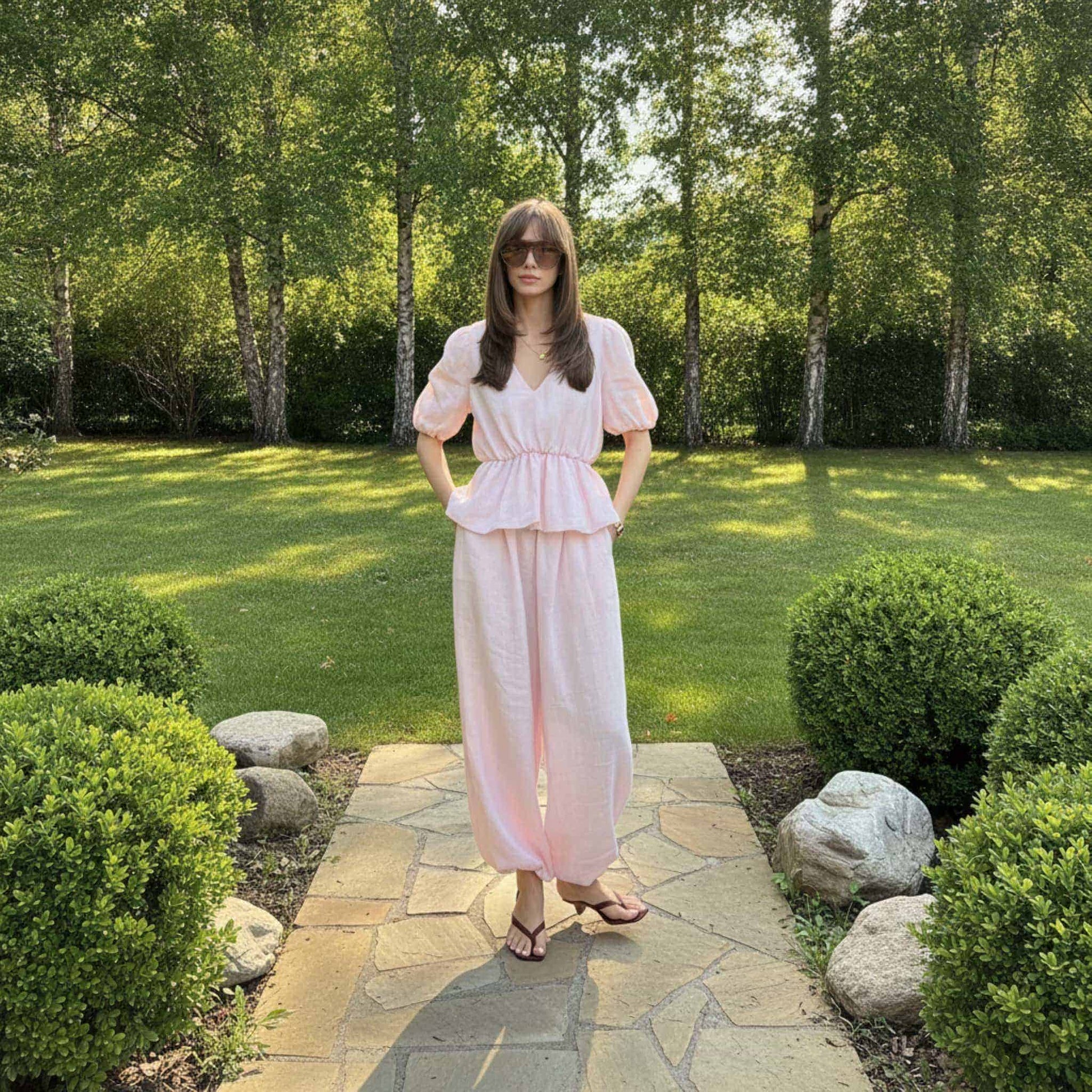 Linen Two Piece Set, V Neck Linen Peplum Top And Loose Balloon Pants