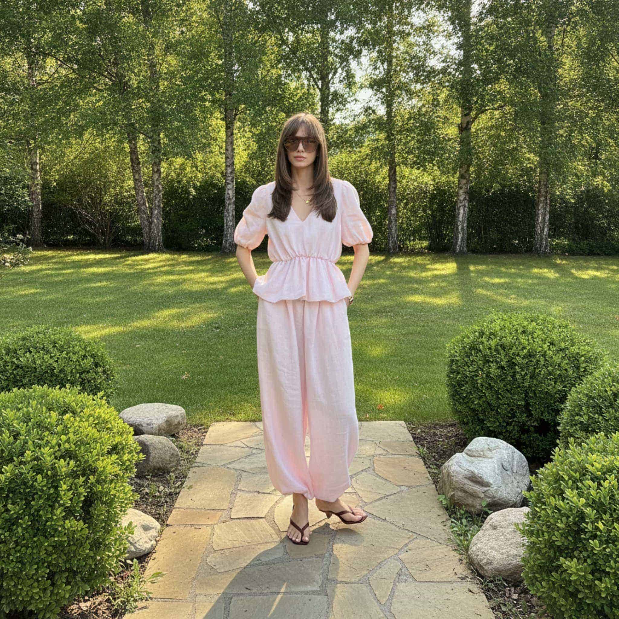 Linen Two Piece Set, V Neck Linen Peplum Top And Loose Balloon Pants