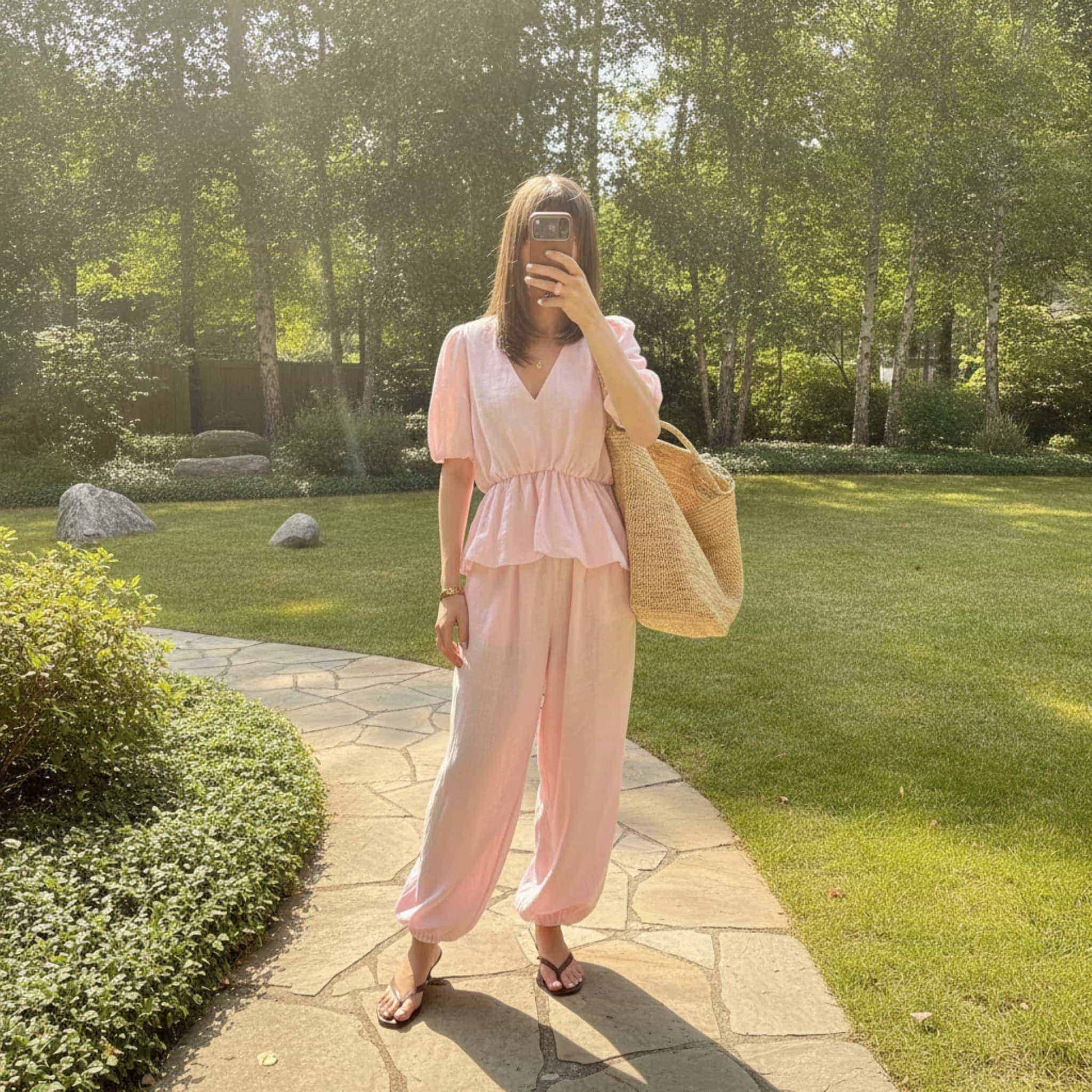 Linen Two Piece Set, V Neck Linen Peplum Top And Loose Balloon Pants