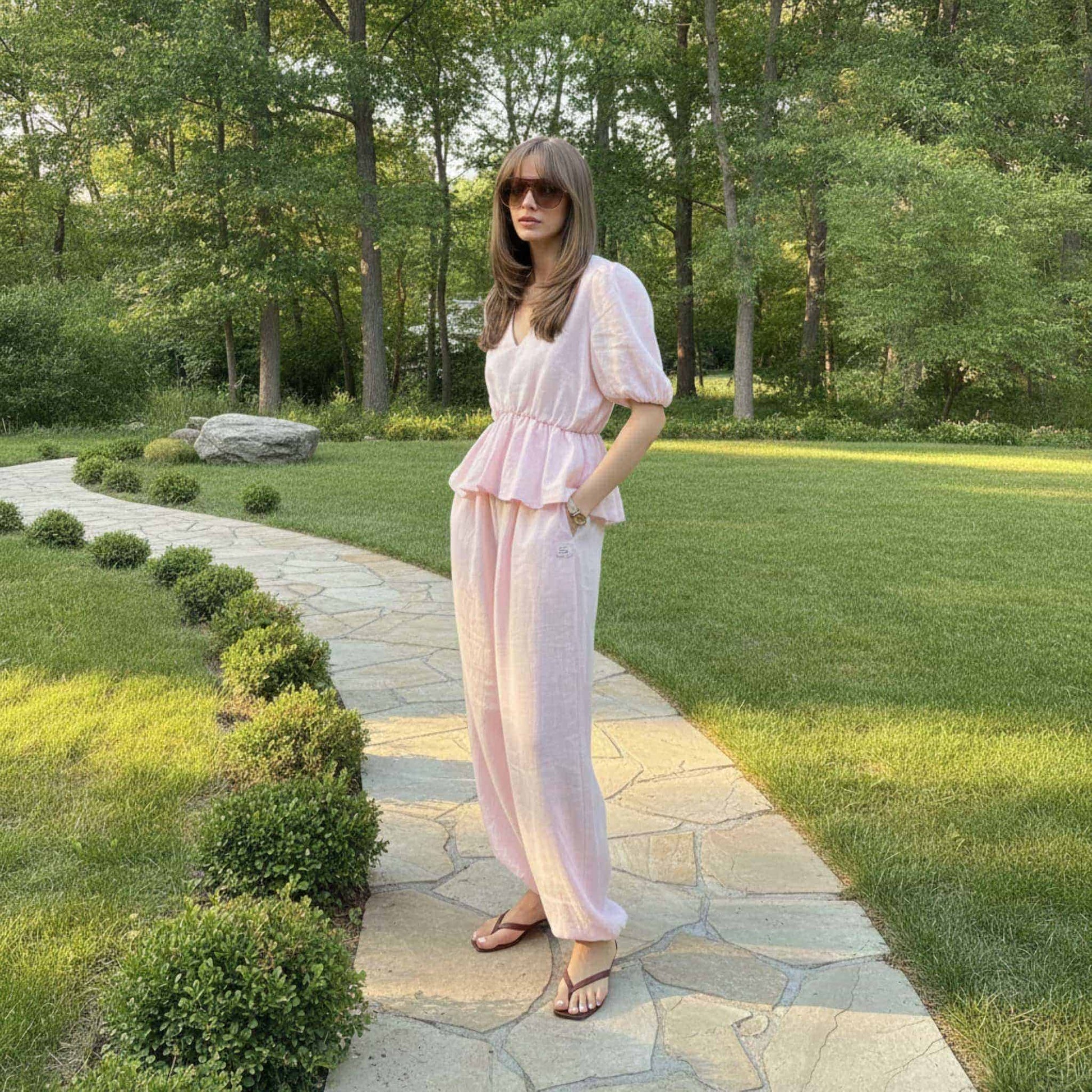 Linen Two Piece Set, V Neck Linen Peplum Top And Loose Balloon Pants