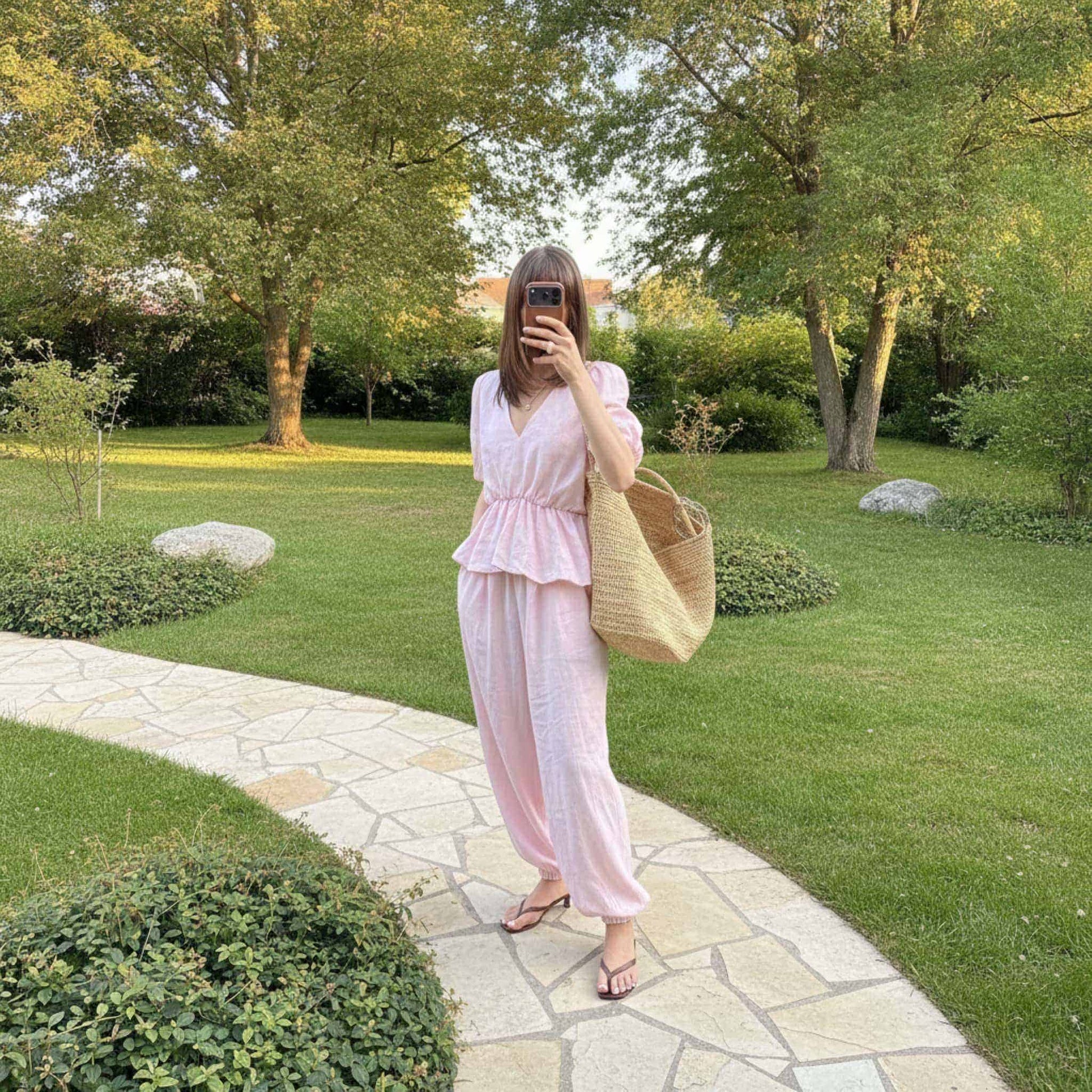 Linen Two Piece Set, V Neck Linen Peplum Top And Loose Balloon Pants