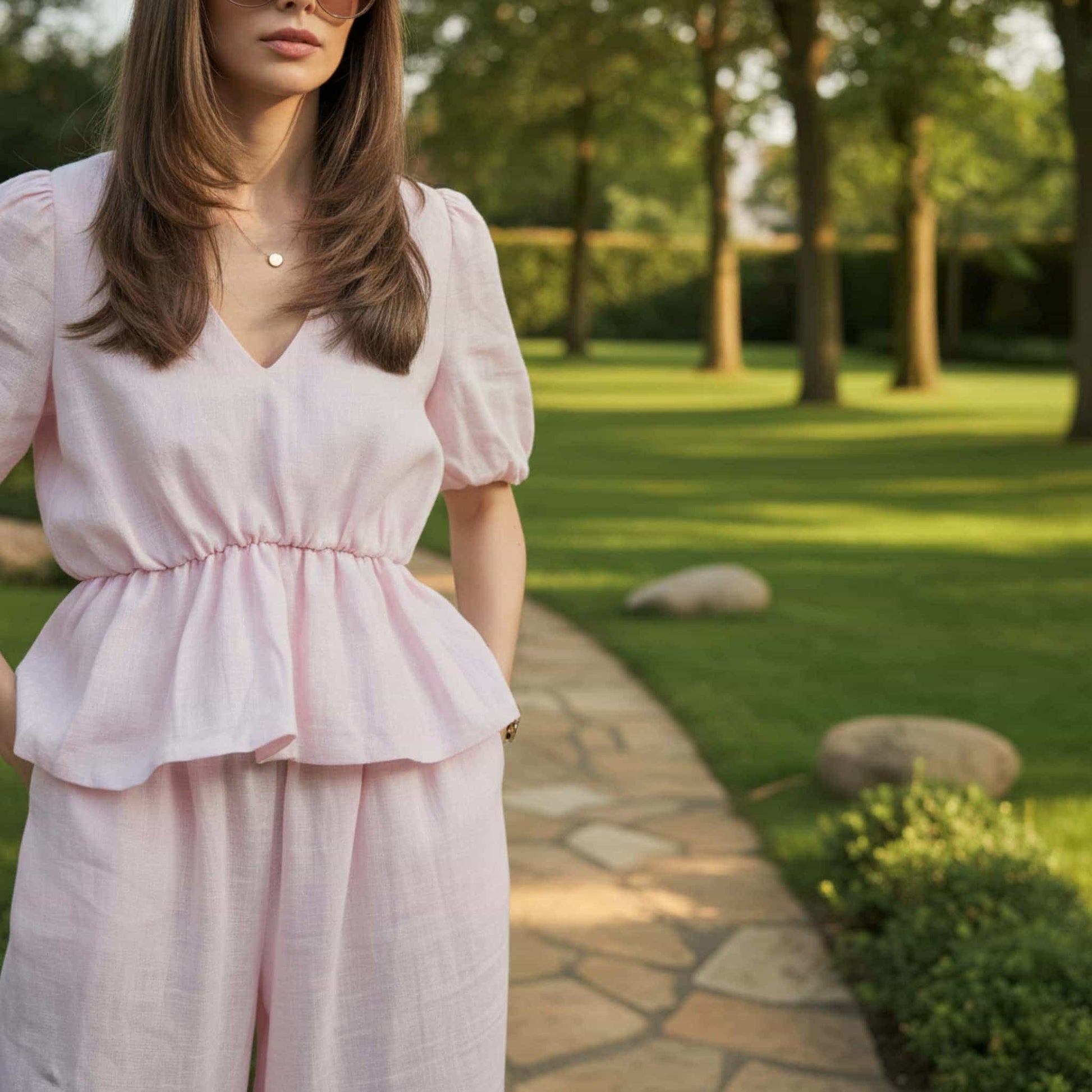 Linen Two Piece Set, V Neck Linen Peplum Top And Loose Balloon Pants
