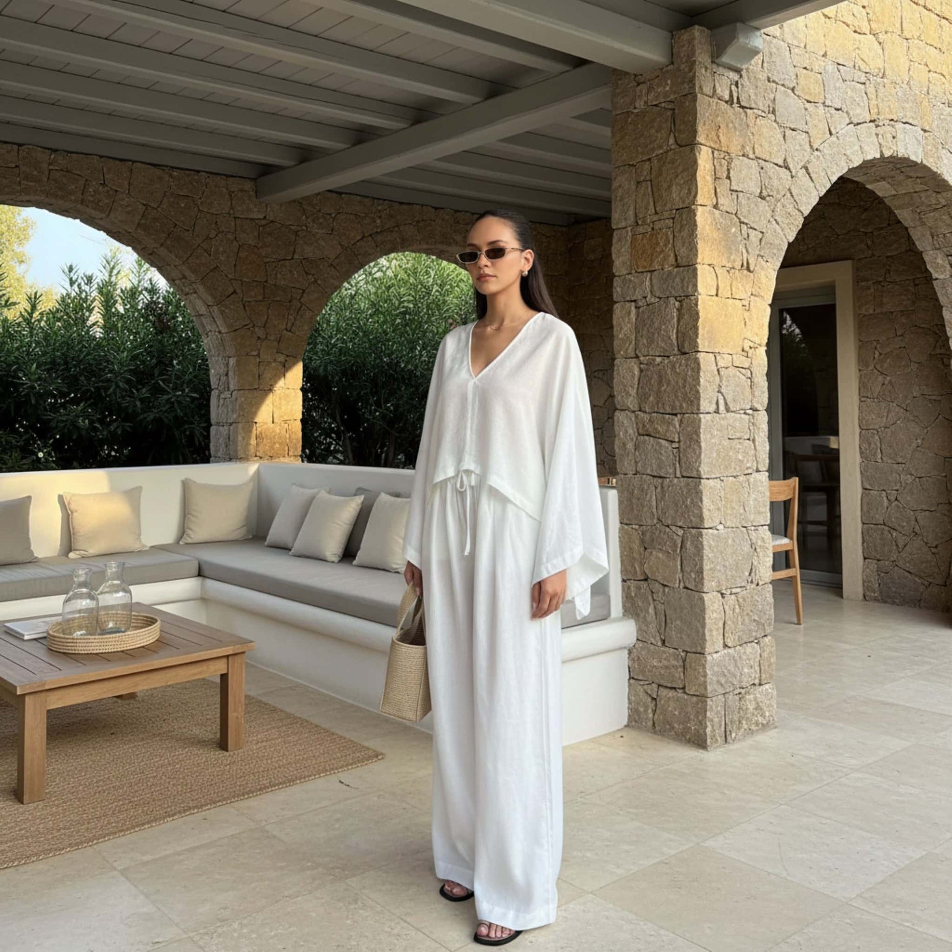 Linen Two Piece Set, Wide Sleeve Linen Top And Wide Leg Pants Set