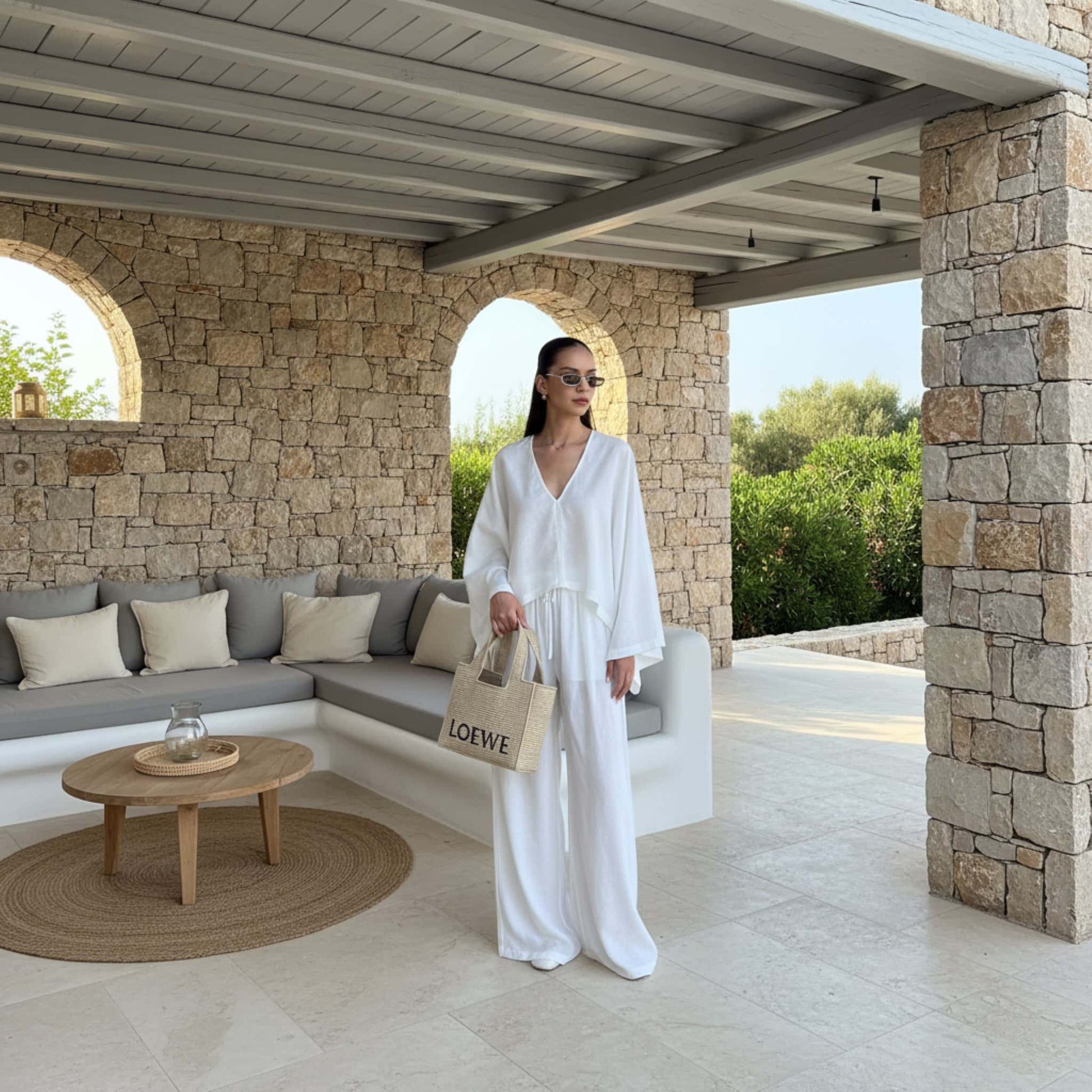 Linen Two Piece Set, Wide Sleeve Linen Top And Wide Leg Pants Set