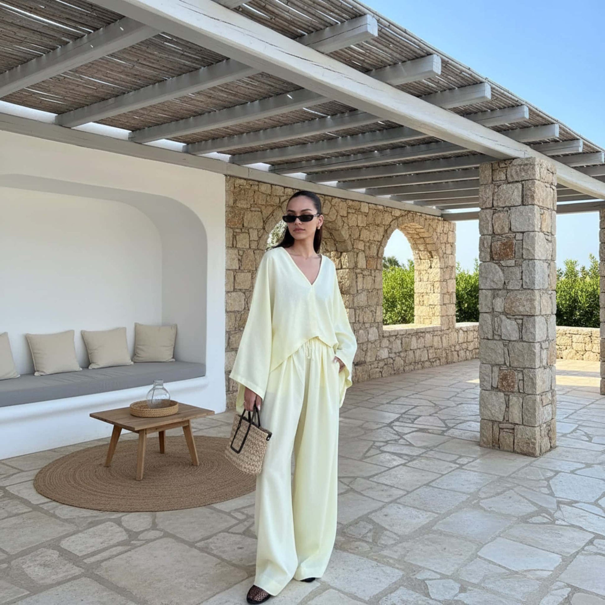 Linen Two Piece Set, Wide Sleeve Linen Top And Wide Leg Pants Set