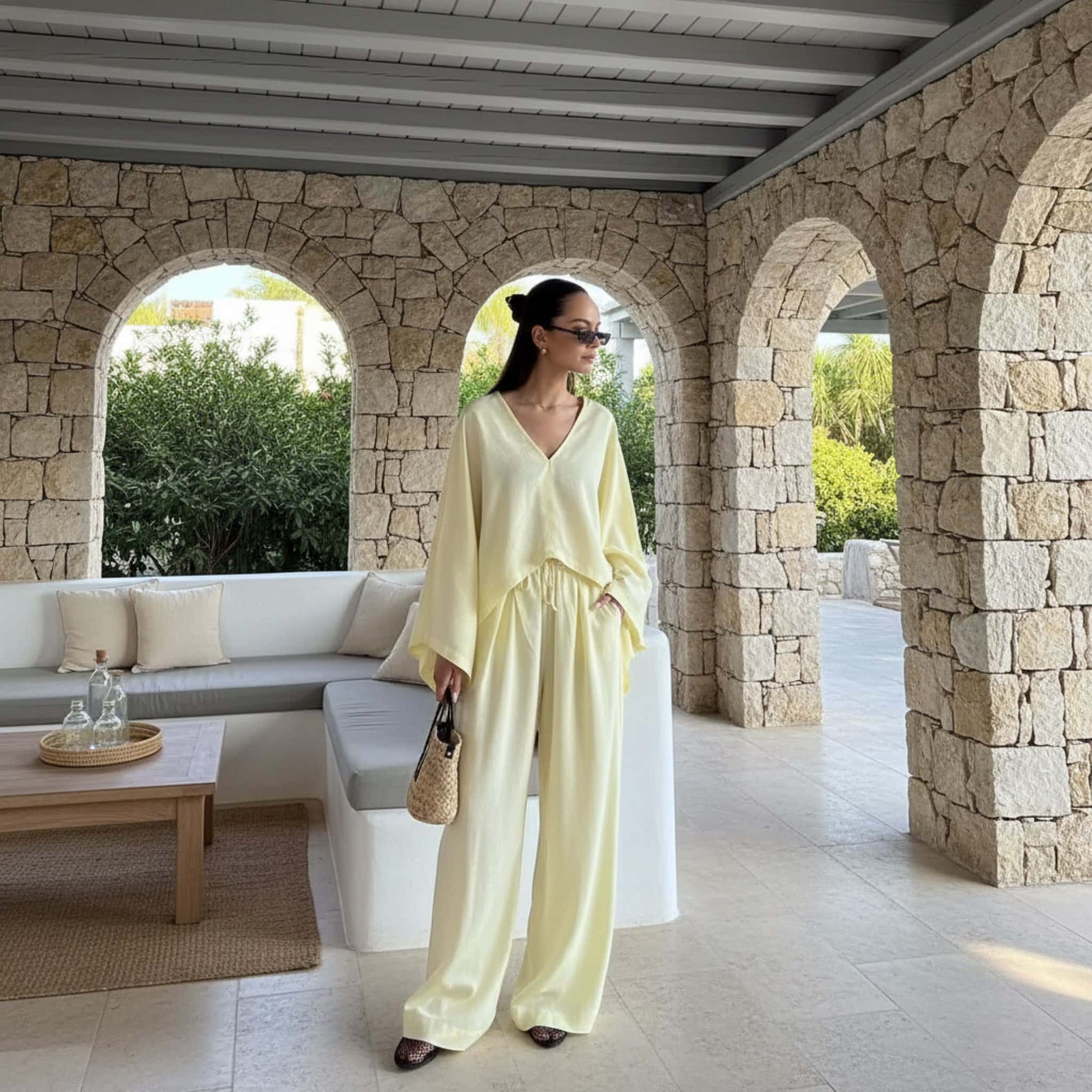 Linen Two Piece Set, Wide Sleeve Linen Top And Wide Leg Pants Set