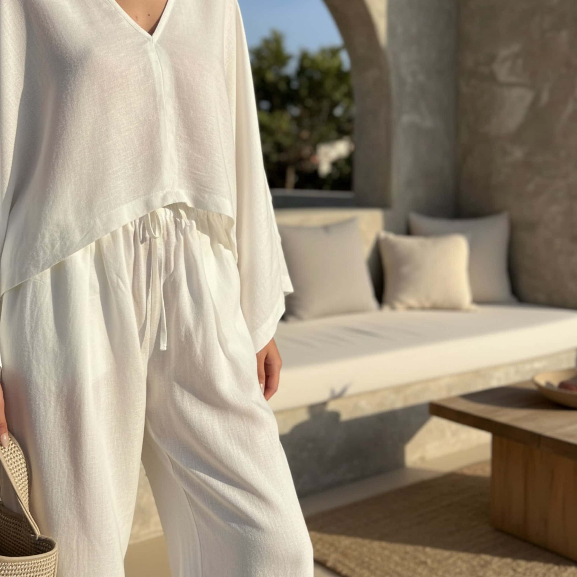 Linen Two Piece Set, Wide Sleeve Linen Top And Wide Leg Pants Set