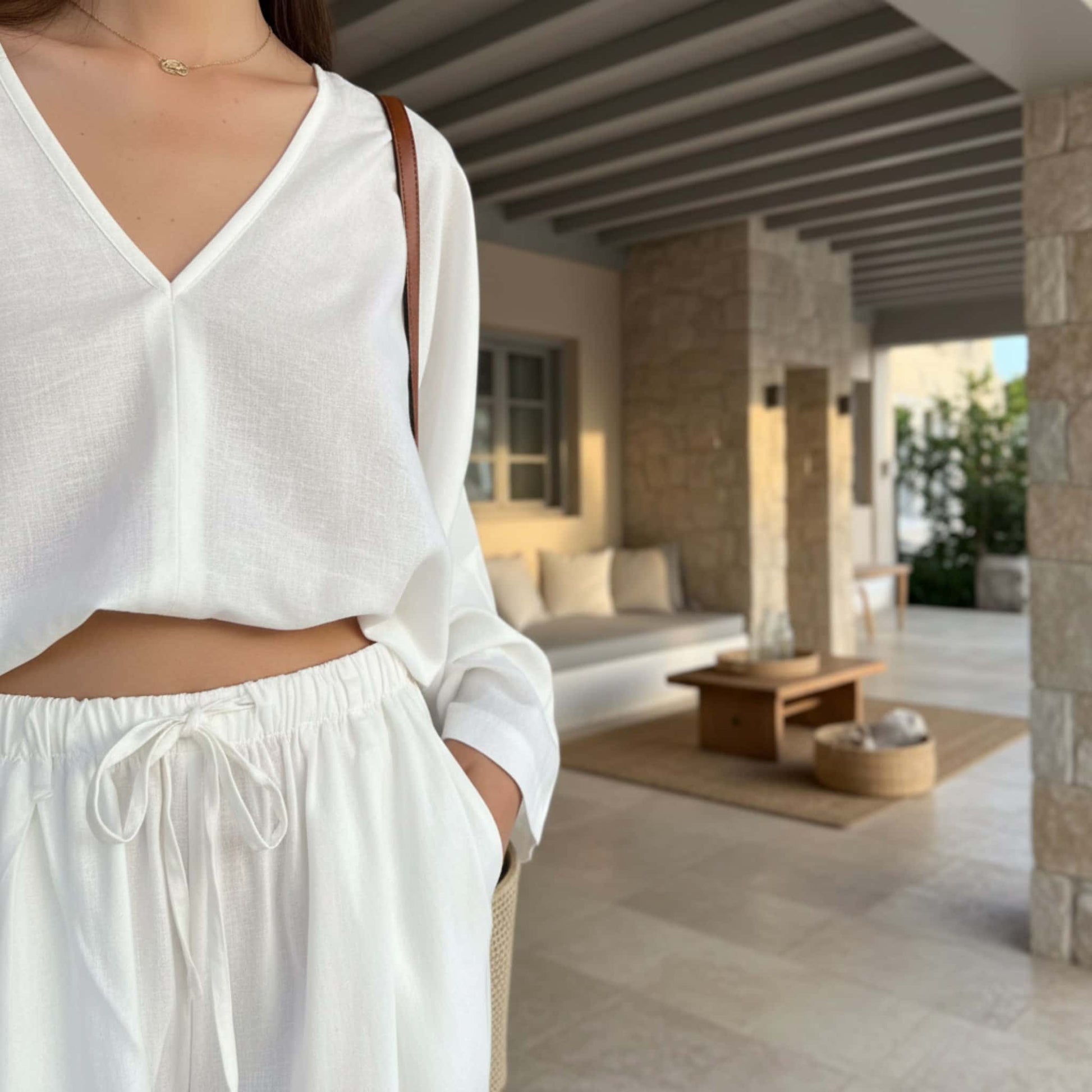 Linen Two Piece Set, Wide Sleeve Linen Top And Wide Leg Pants Set