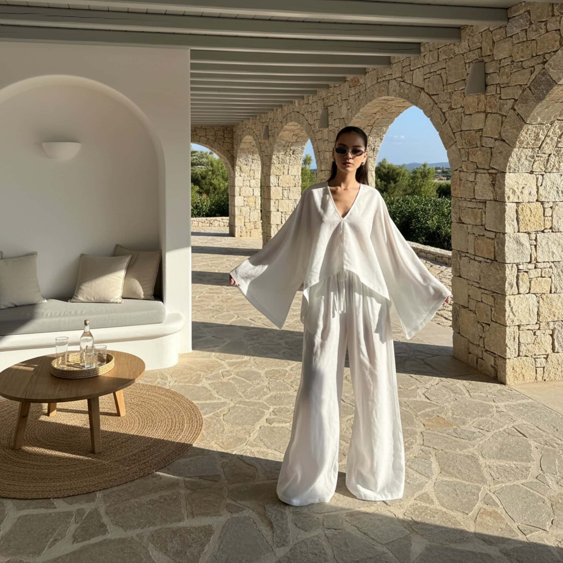 Linen Two Piece Set, Wide Sleeve Linen Top And Wide Leg Pants Set