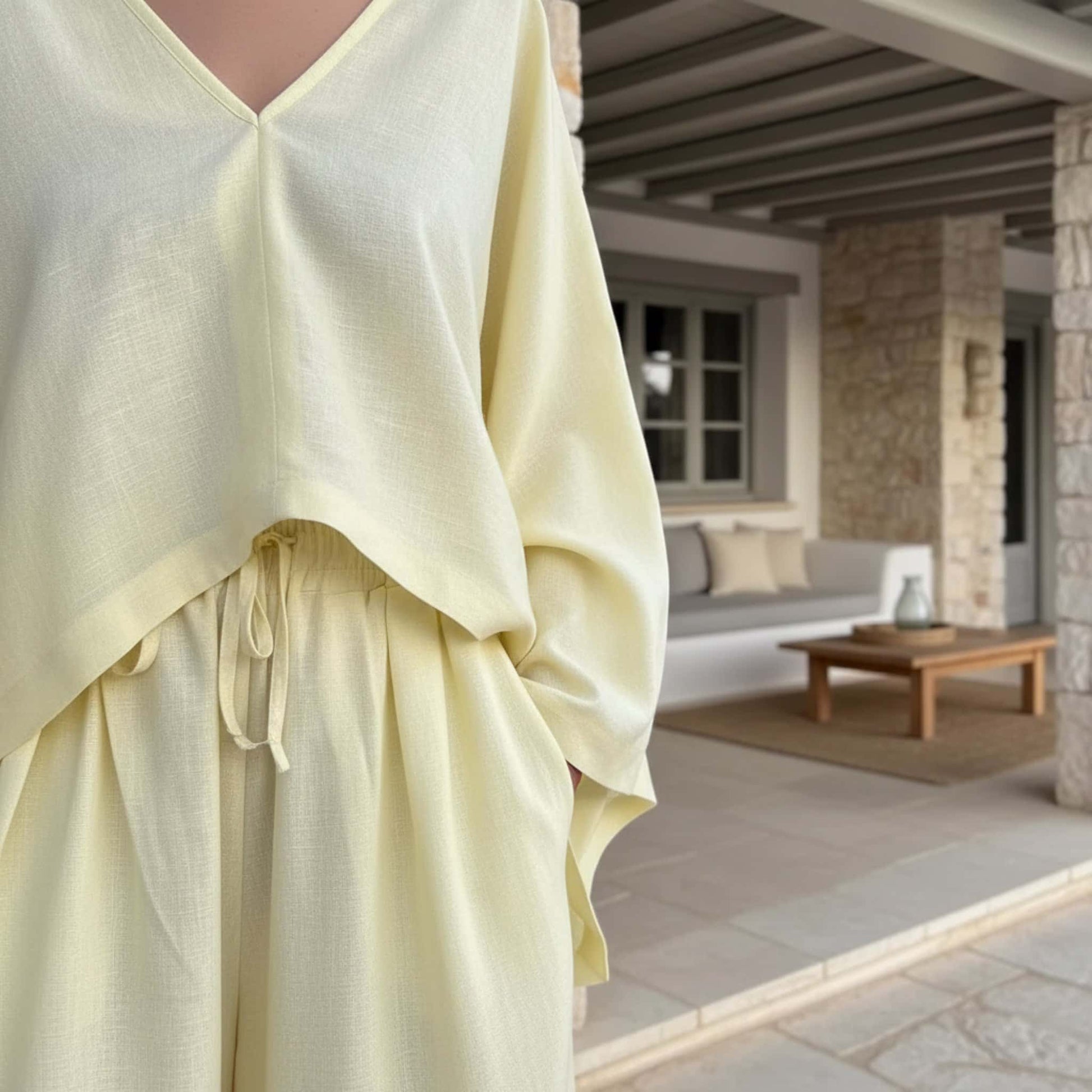 Linen Two Piece Set, Wide Sleeve Linen Top And Wide Leg Pants Set