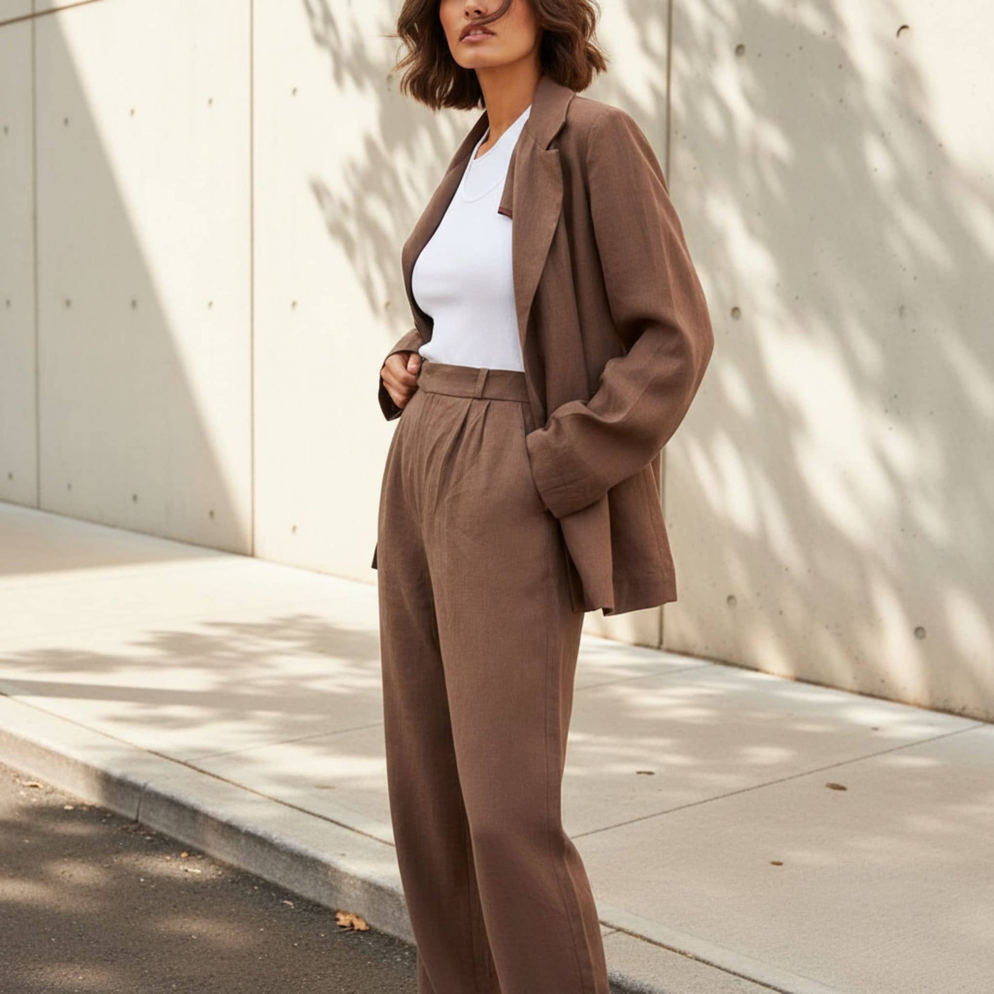 Linen Two Piece Set, Womens Linen Blazer And Wide Leg Pants Set