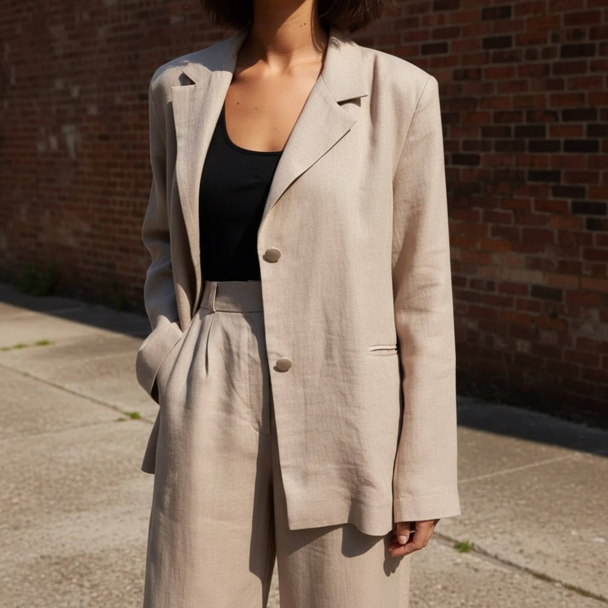 Linen Two Piece Set, Womens Linen Blazer And Wide Leg Pants Set