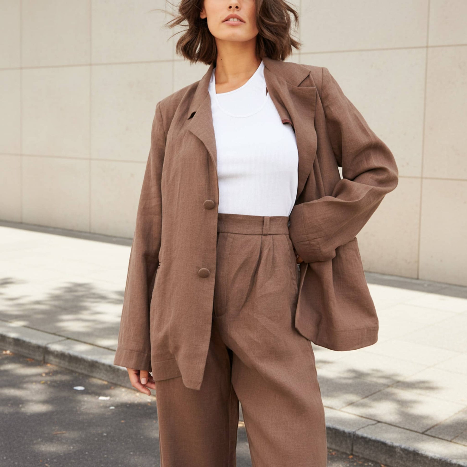 Linen Two Piece Set, Womens Linen Blazer And Wide Leg Pants Set