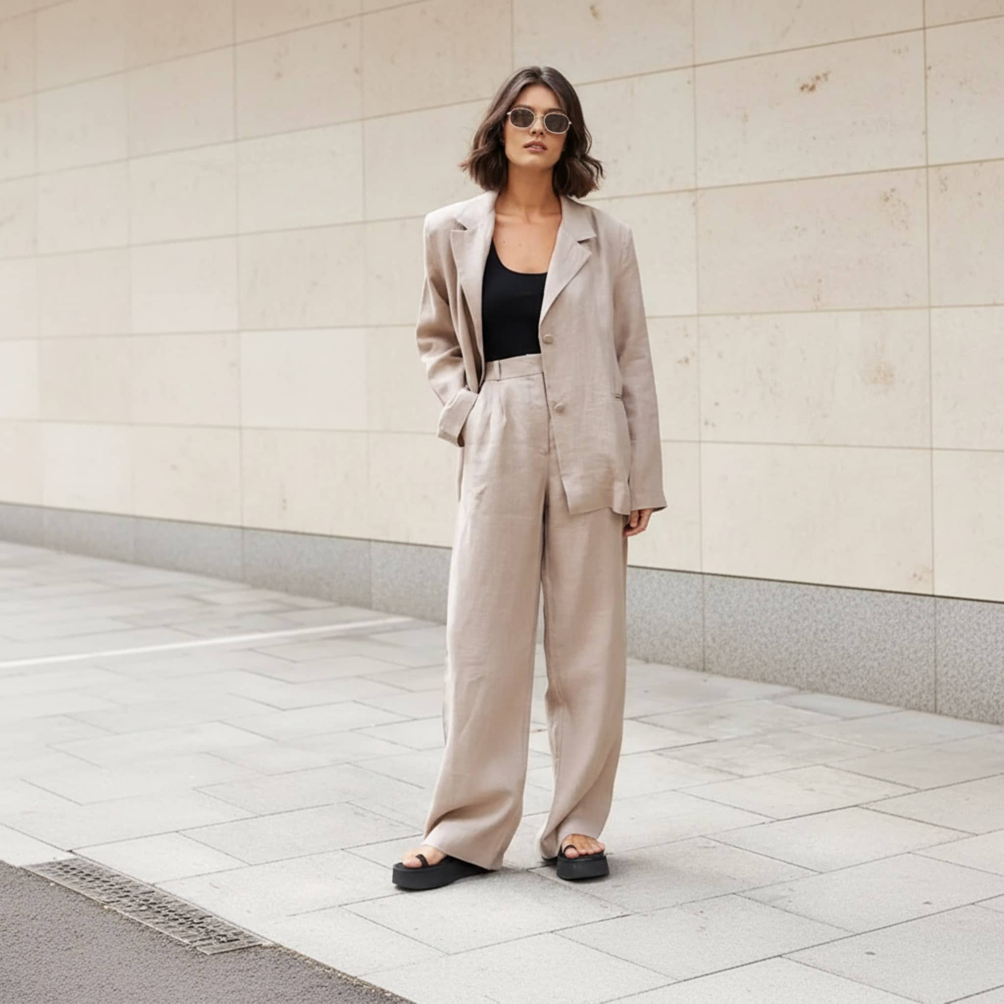 Linen Two Piece Set, Womens Linen Blazer And Wide Leg Pants Set