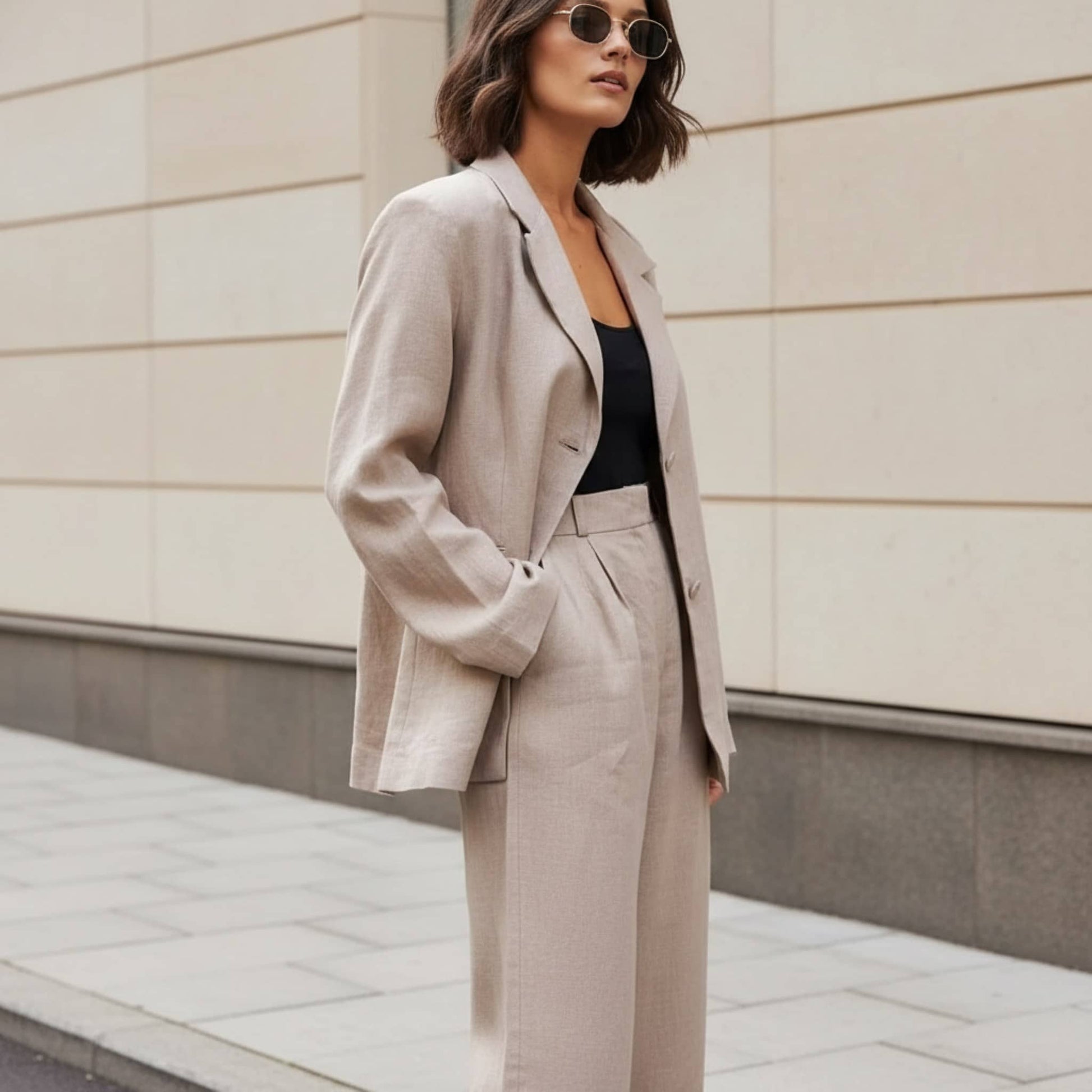 Linen Two Piece Set, Womens Linen Blazer And Wide Leg Pants Set