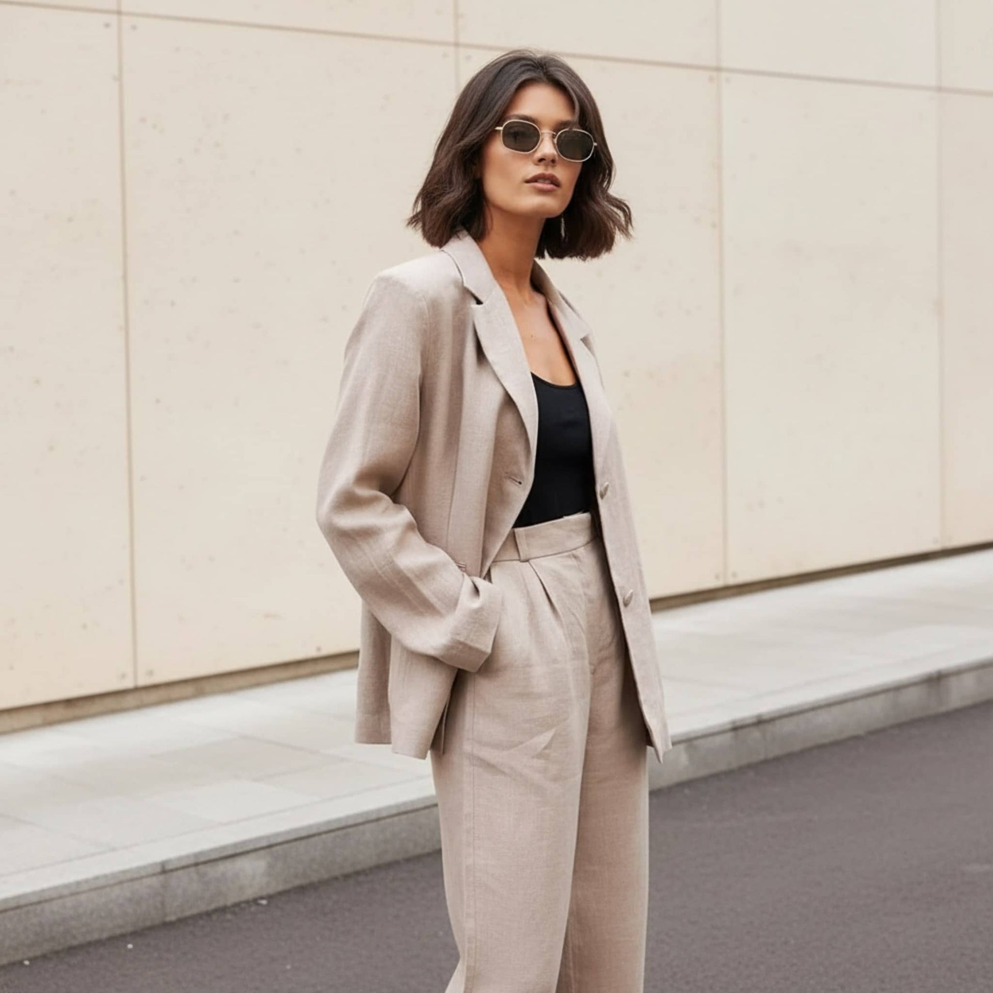 Linen Two Piece Set, Womens Linen Blazer And Wide Leg Pants Set