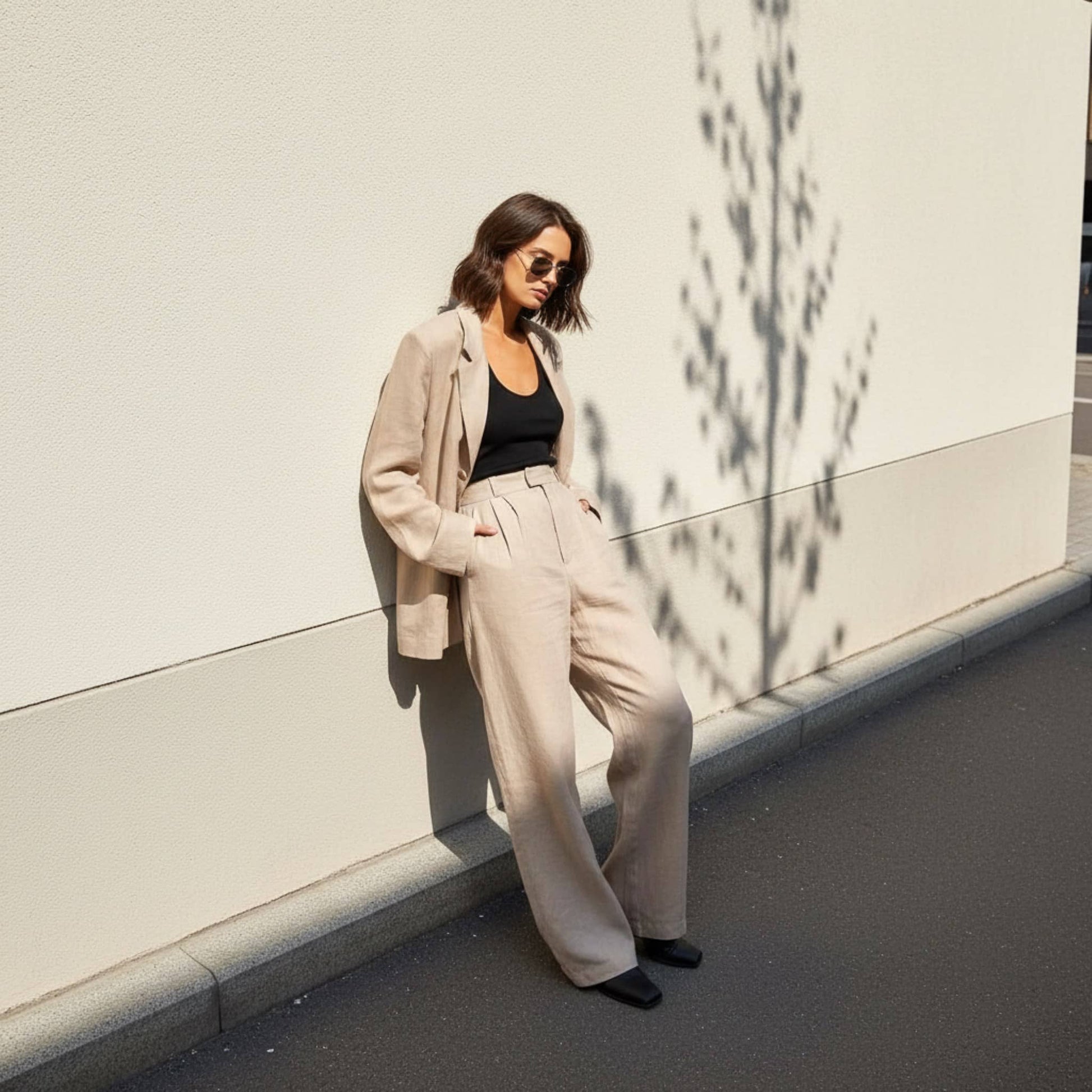 Linen Two Piece Set, Womens Linen Blazer And Wide Leg Pants Set