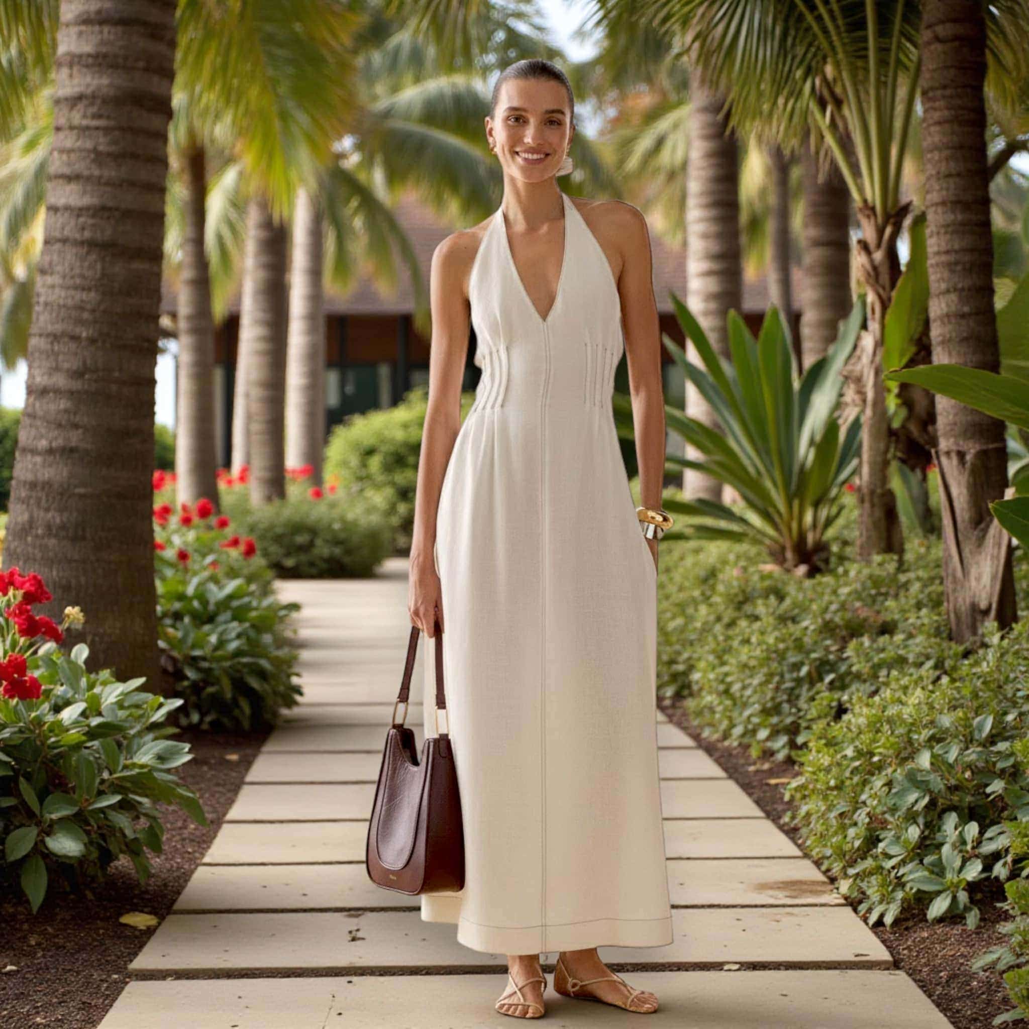 Linen V Neck Halter Maxi Dress, Open Back Maxi Dress