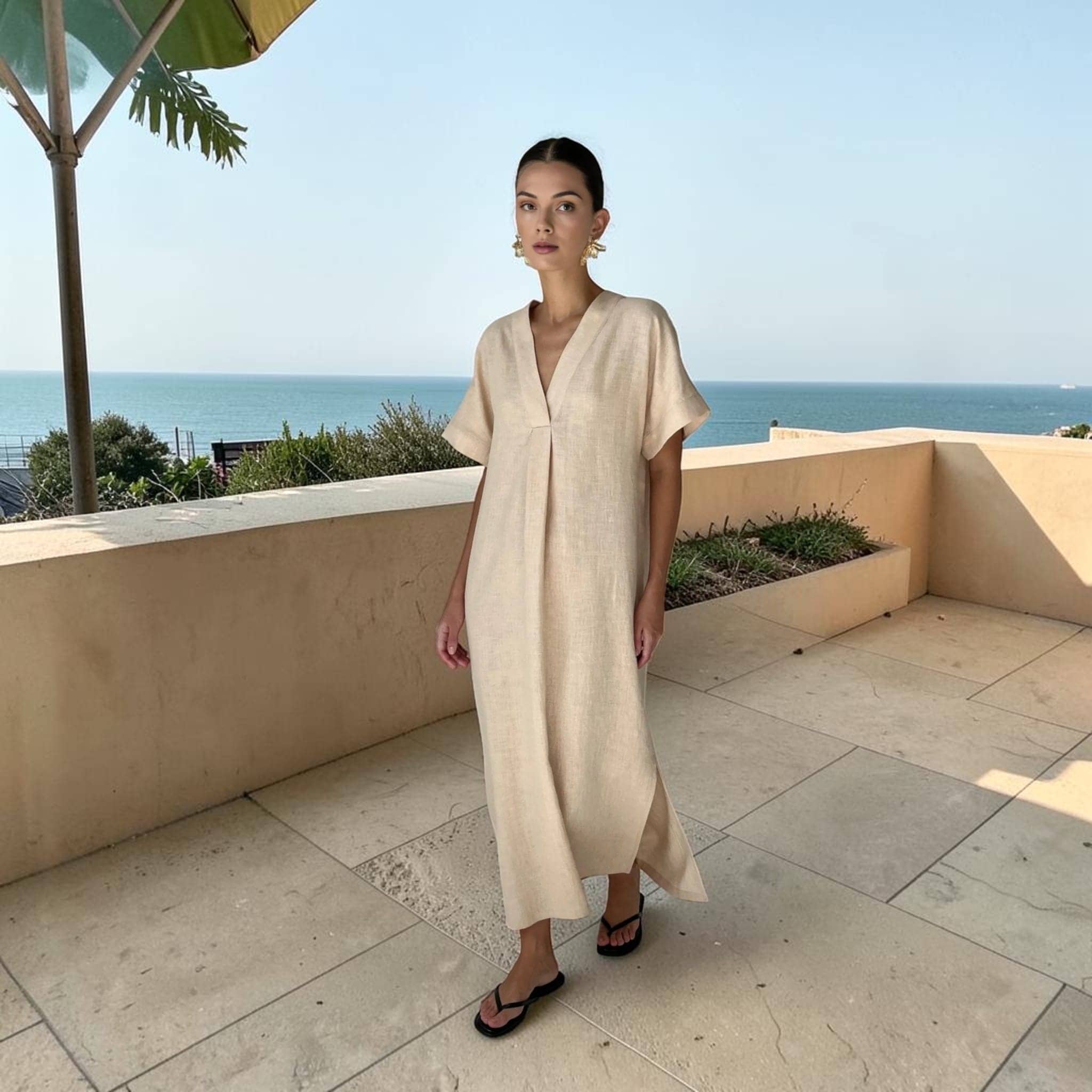 Linen V-Neck Maxi Dress, Short Sleeve Side Slit