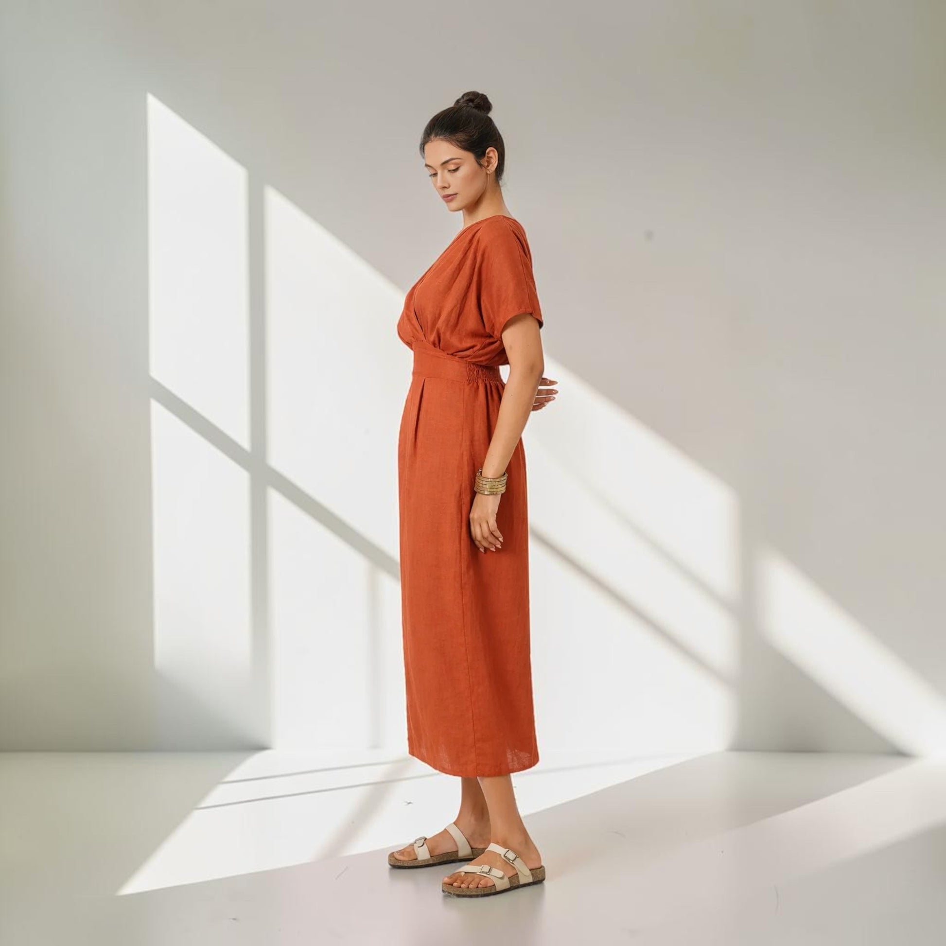 Linen V-Neck Midi Dress, Short Sleeve Smocked Back
