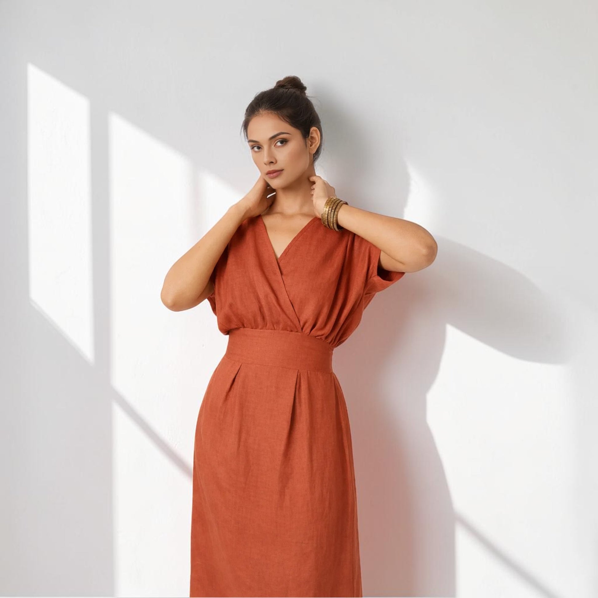 Linen V-Neck Midi Dress, Short Sleeve Smocked Back