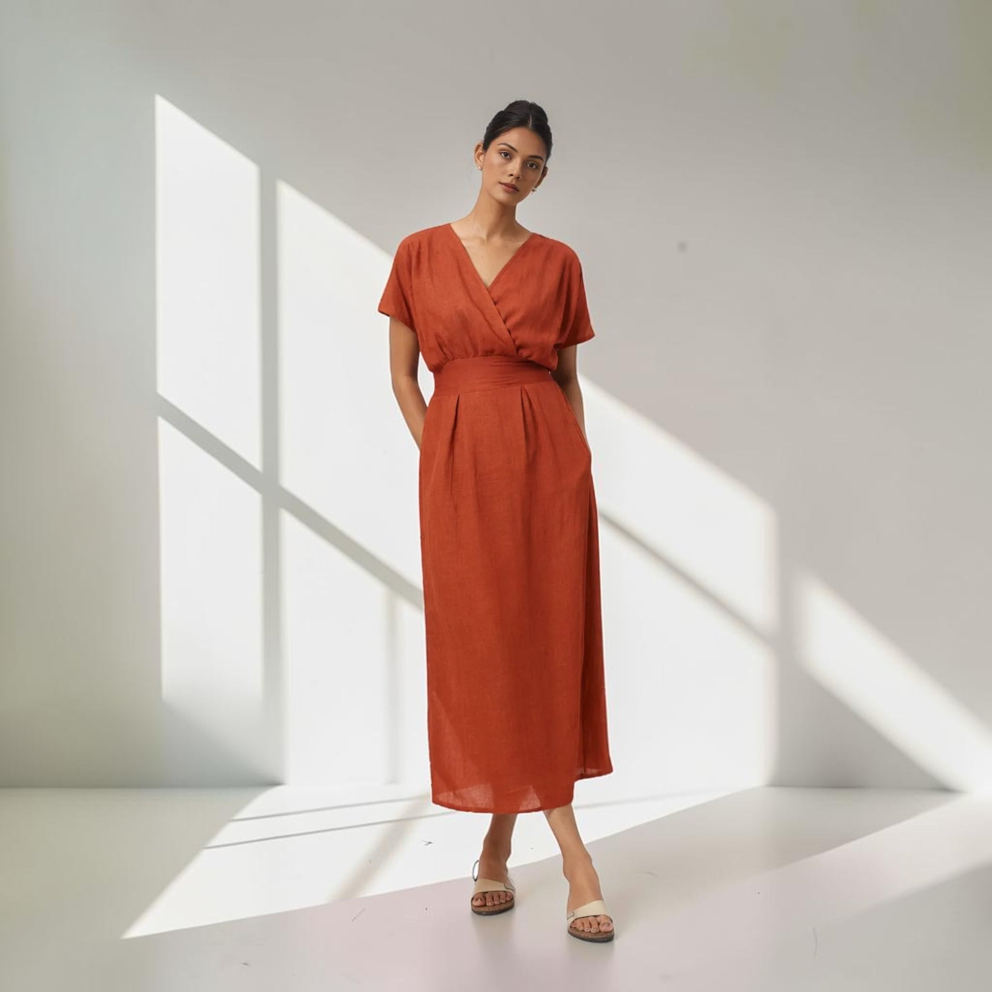 Linen V-Neck Midi Dress, Short Sleeve Smocked Back