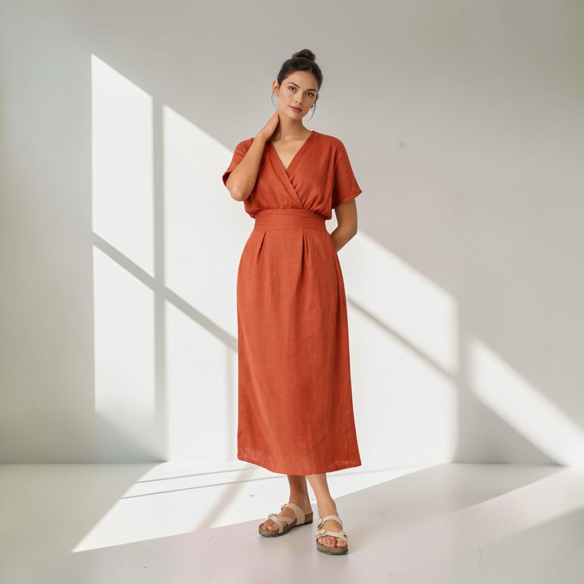 Linen V-Neck Midi Dress, Short Sleeve Smocked Back
