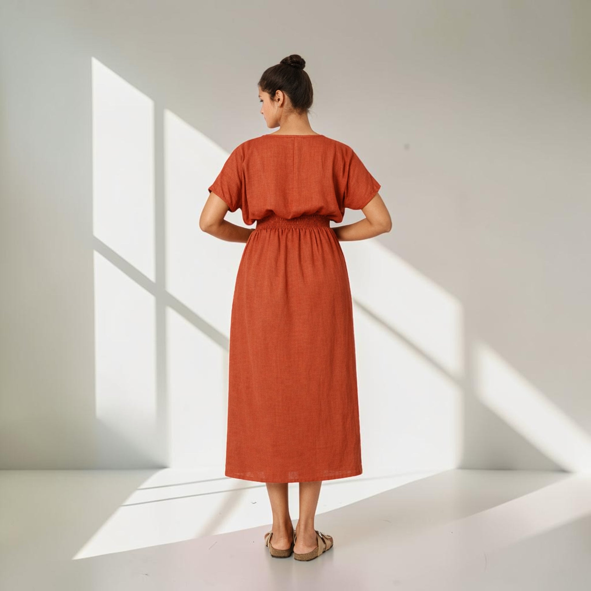 Linen V-Neck Midi Dress, Short Sleeve Smocked Back