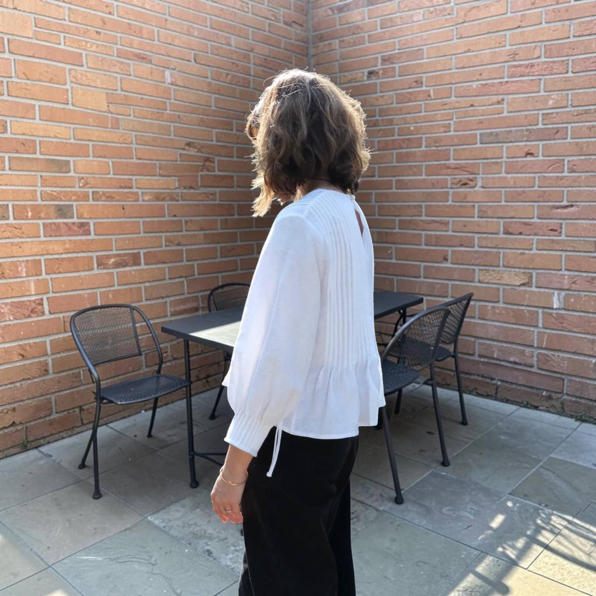 Linen V Neck Peplum Top, Pintuck Voluminous-Sleeve