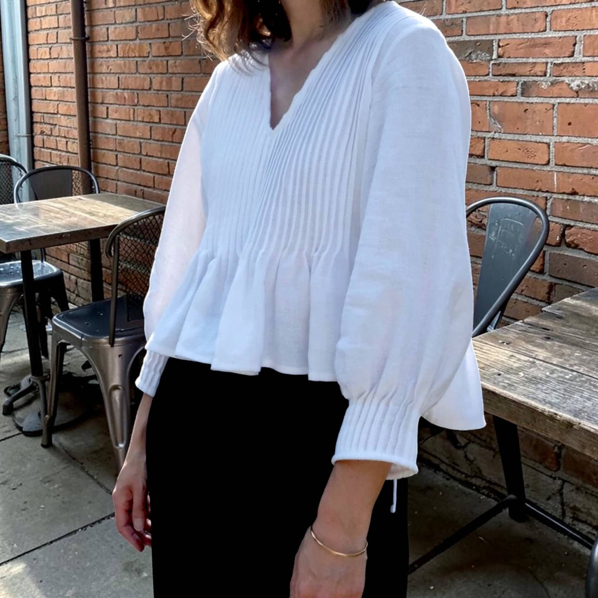 Linen V Neck Peplum Top, Pintuck Voluminous-Sleeve