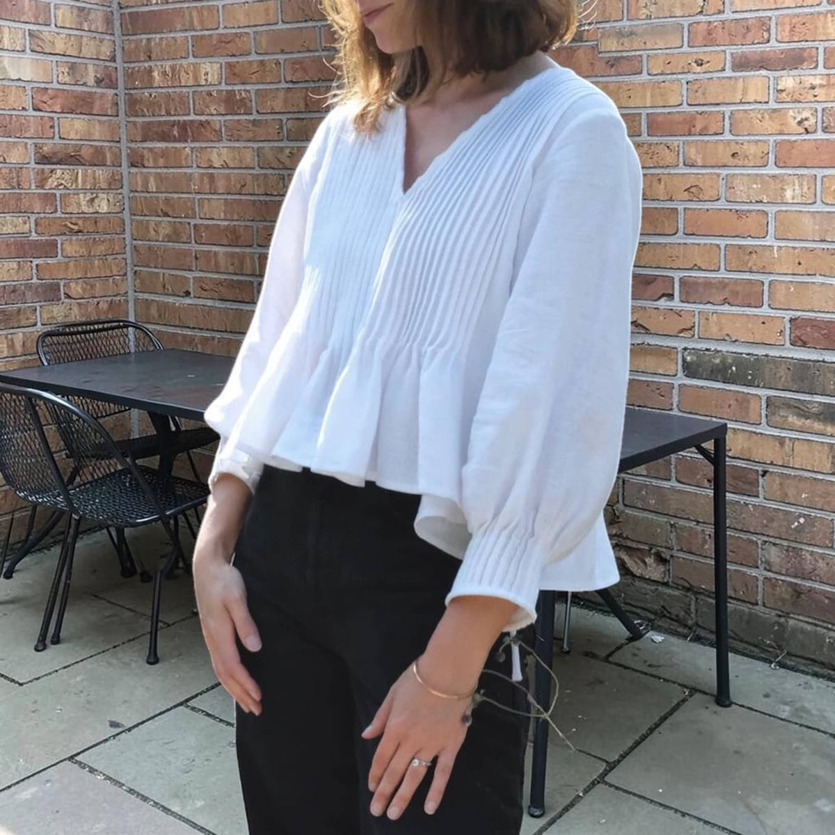 Linen V Neck Peplum Top, Pintuck Voluminous-Sleeve