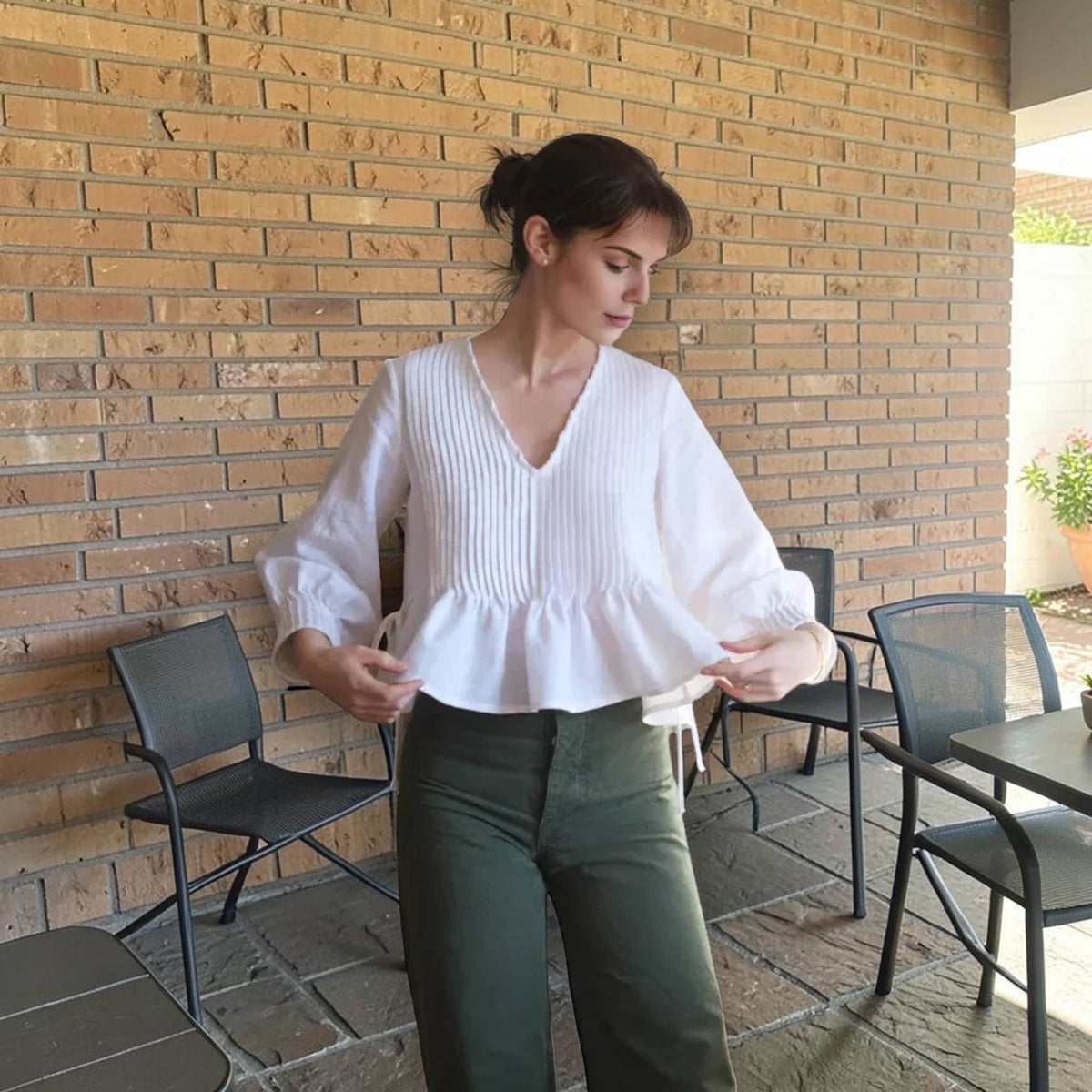 Linen V Neck Peplum Top, Pintuck Voluminous-Sleeve