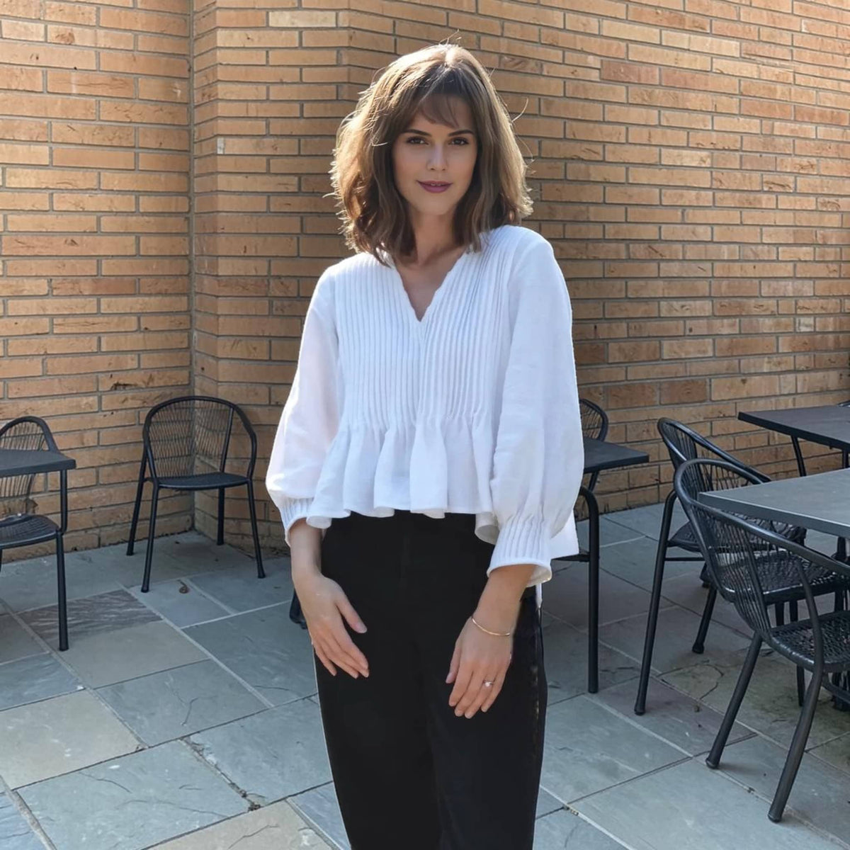 Linen V Neck Peplum Top, Pintuck Voluminous-Sleeve