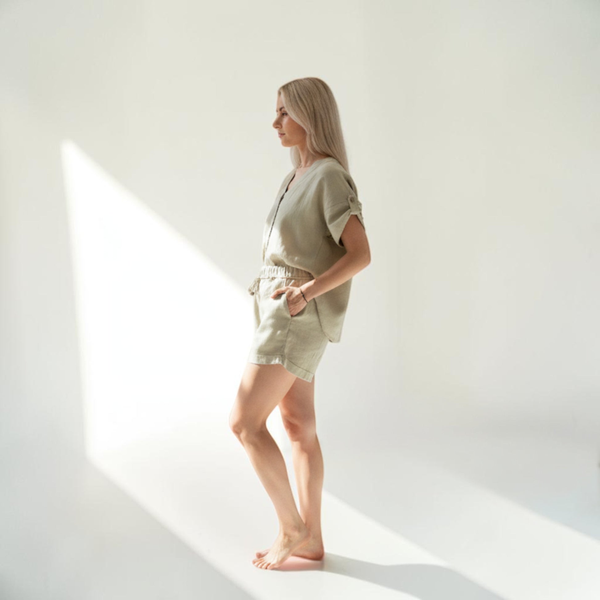 Linen V Neck Shirt, Short Rolled Sleeves