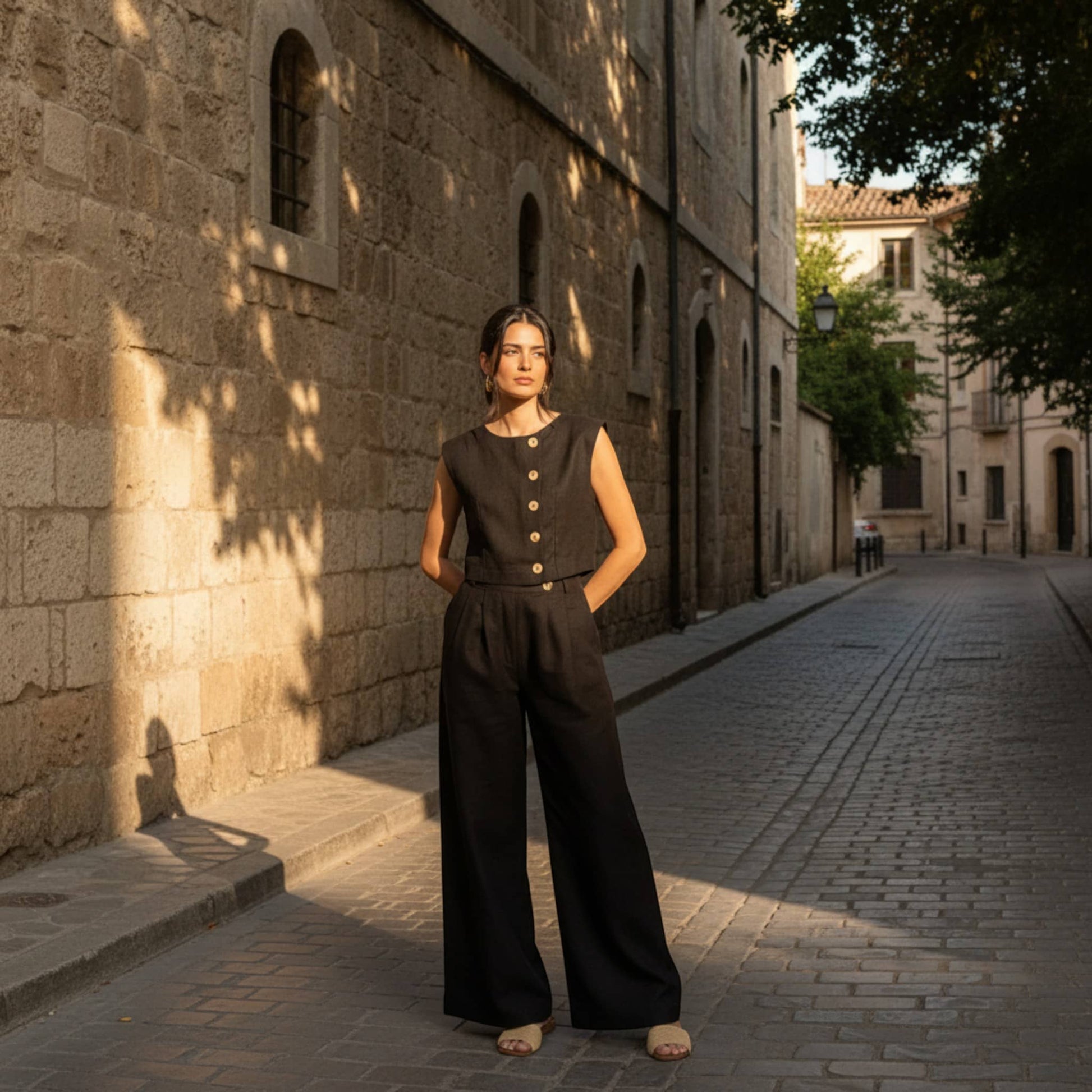 Linen Vest And Pants Set, Linen Crop Vest And Pleated Wide Leg Set
