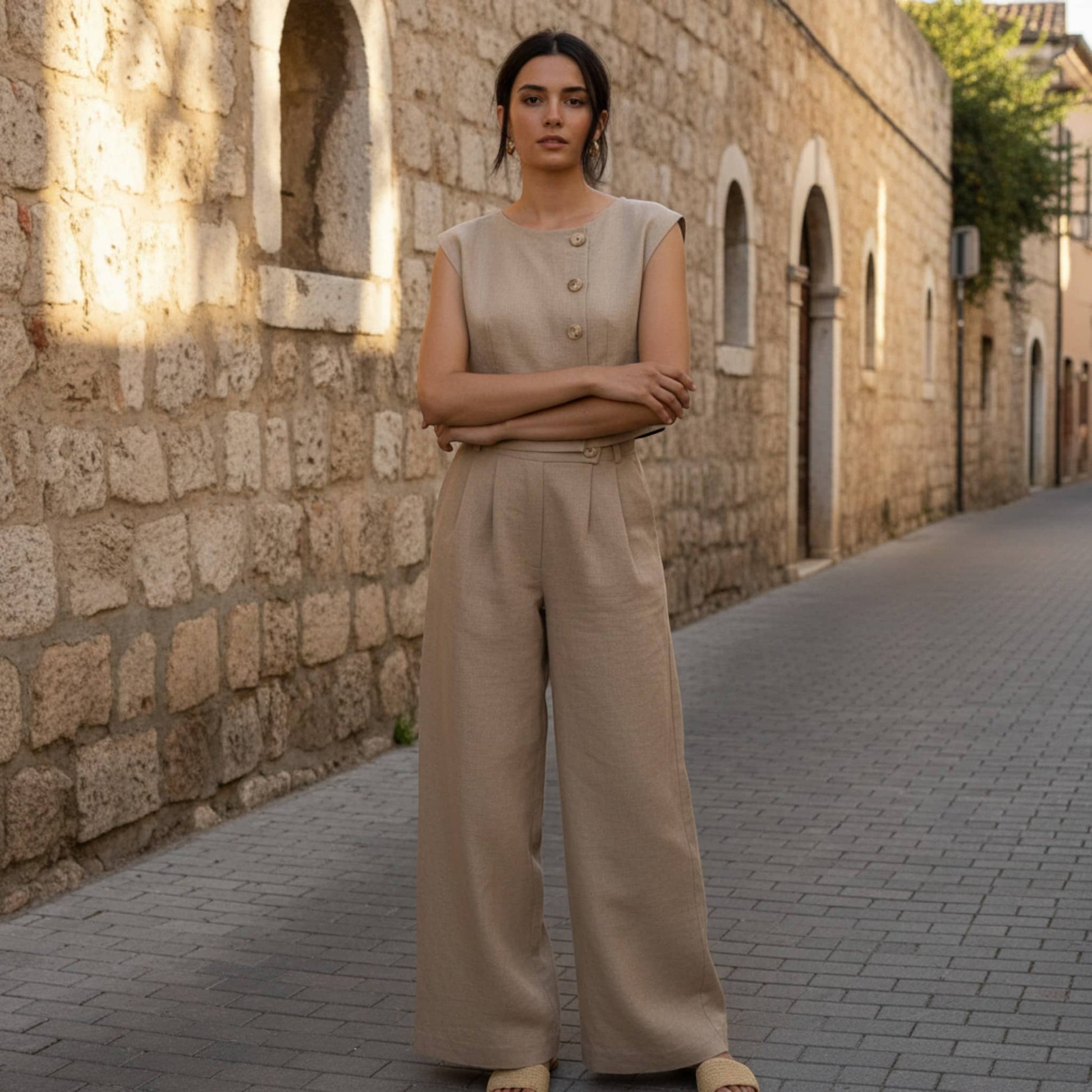 Linen Vest And Pants Set, Linen Crop Vest And Pleated Wide Leg Set
