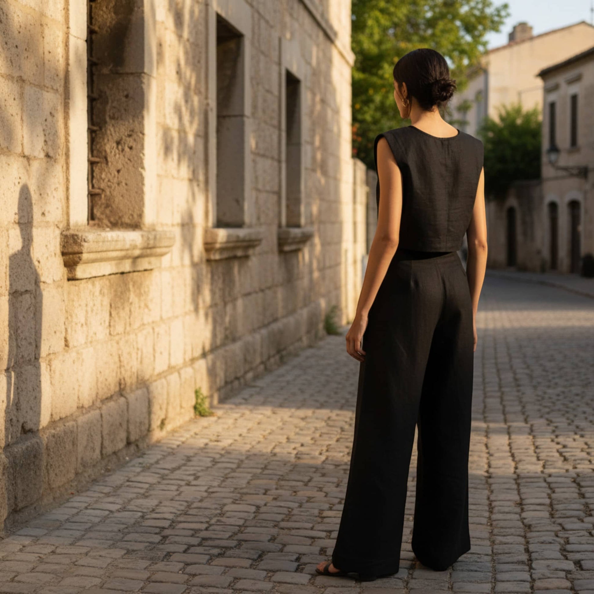 Linen Vest And Pants Set, Linen Crop Vest And Pleated Wide Leg Set