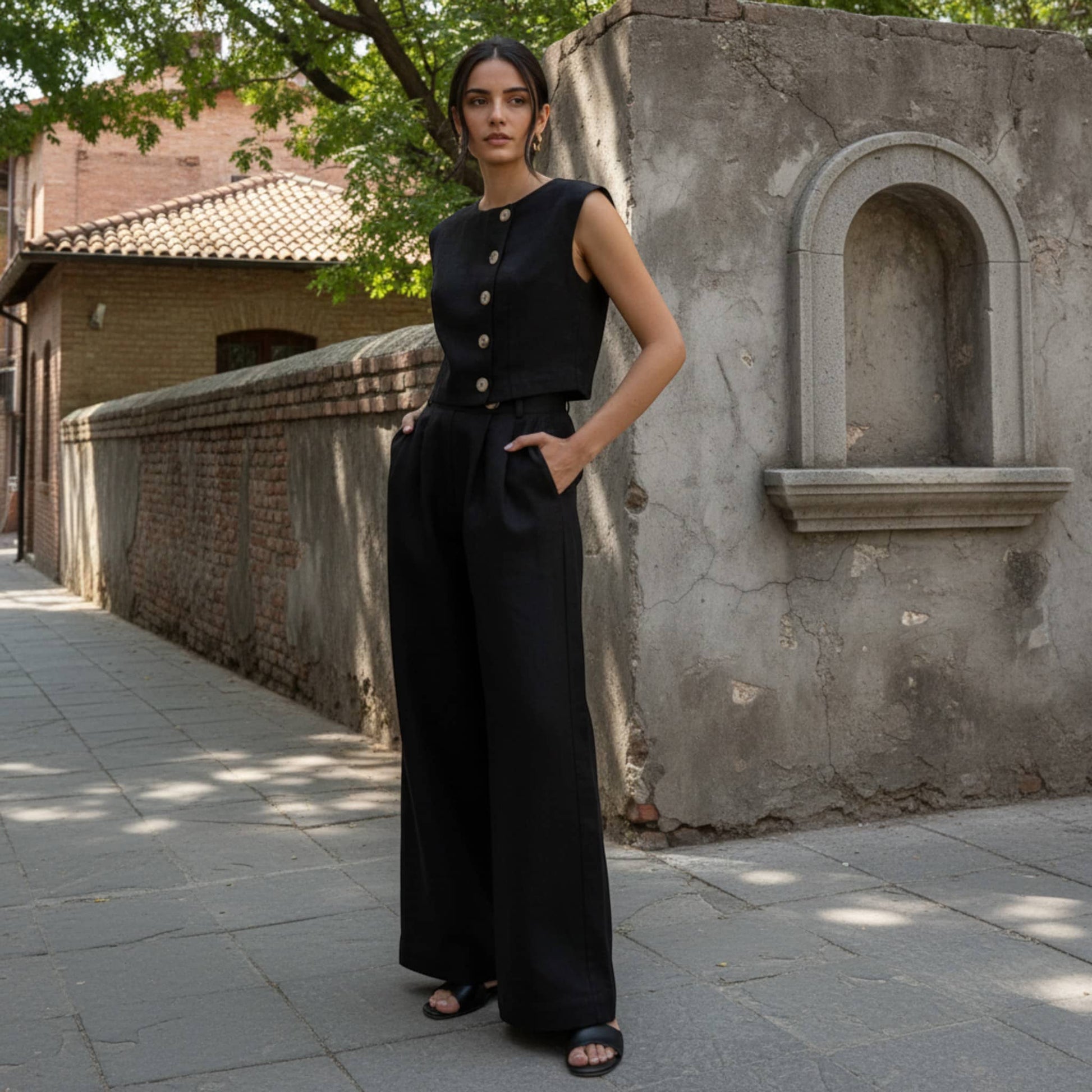 Linen Vest And Pants Set, Linen Crop Vest And Pleated Wide Leg Set