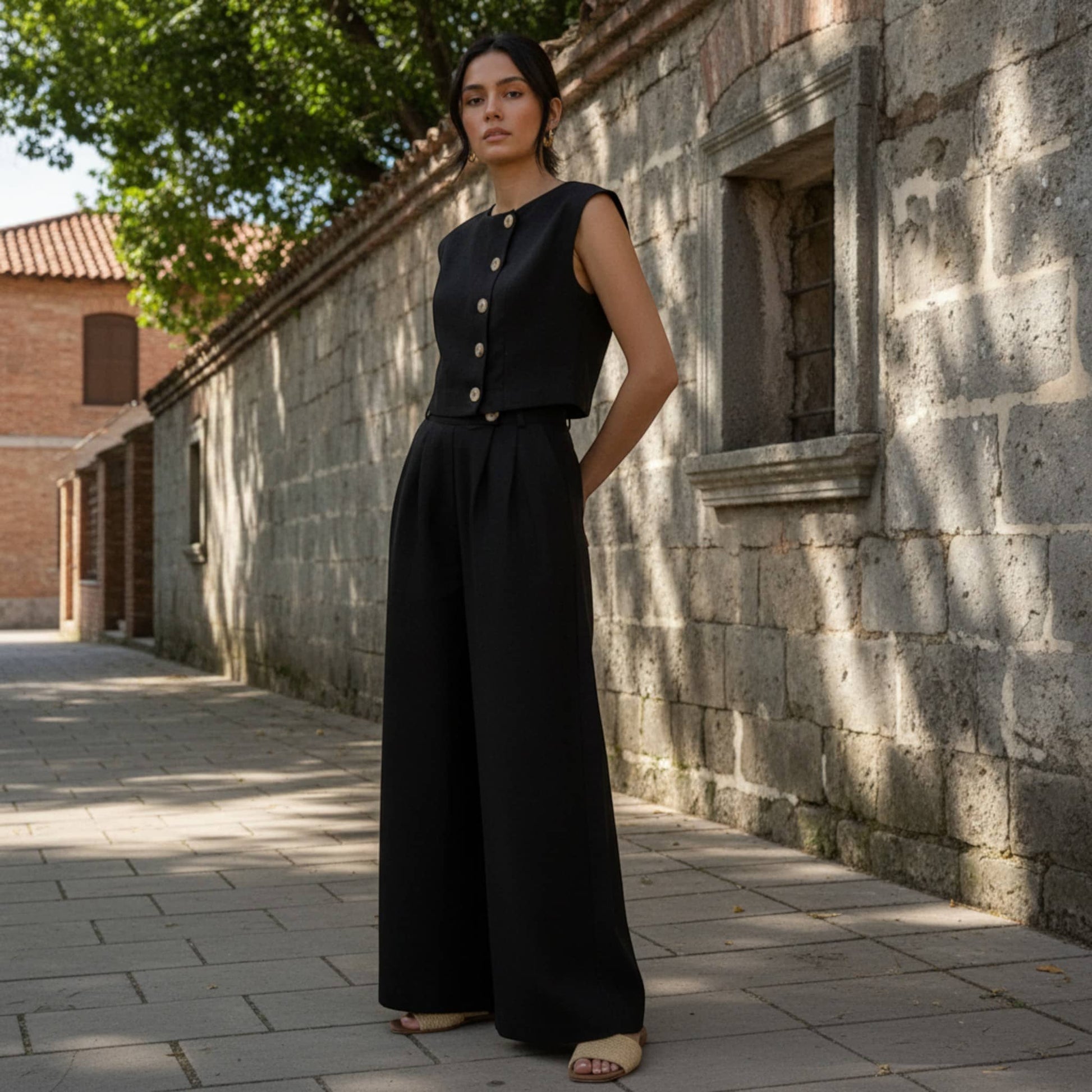 Linen Vest And Pants Set, Linen Crop Vest And Pleated Wide Leg Set