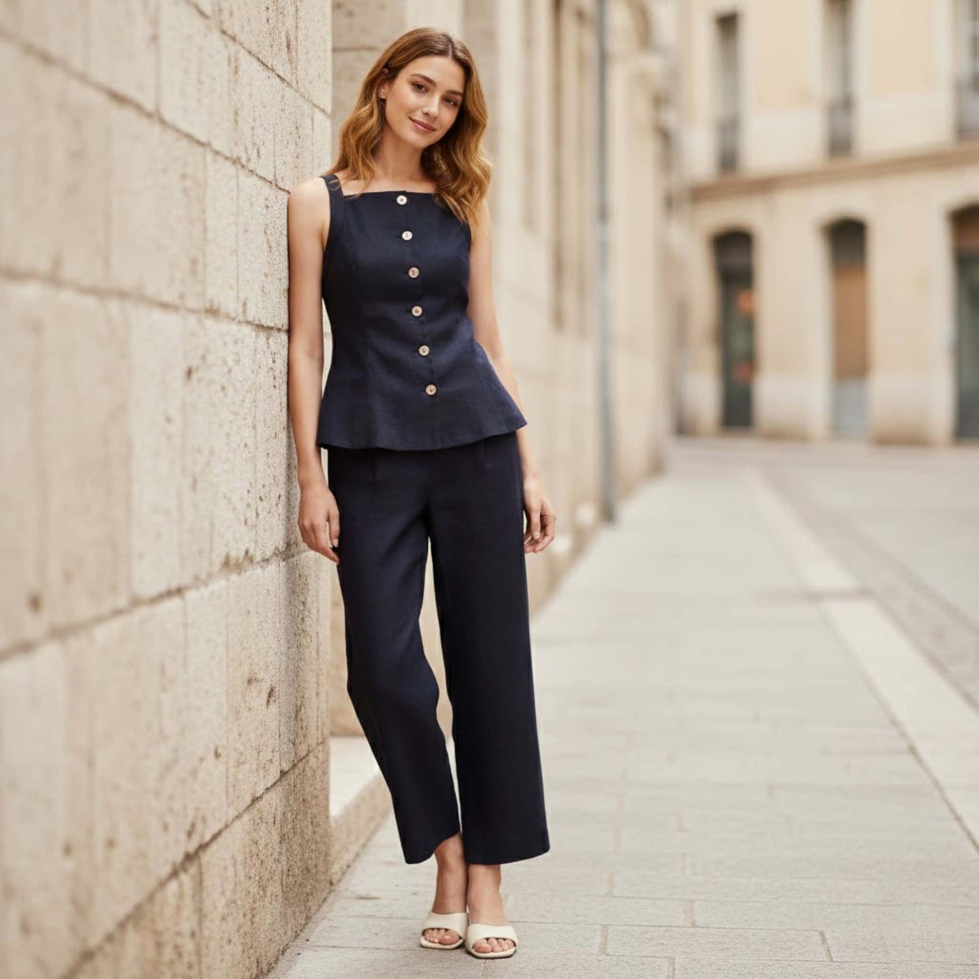 Linen Vest And Pants Set, Sleeveless Vest And Cropped Pants Set