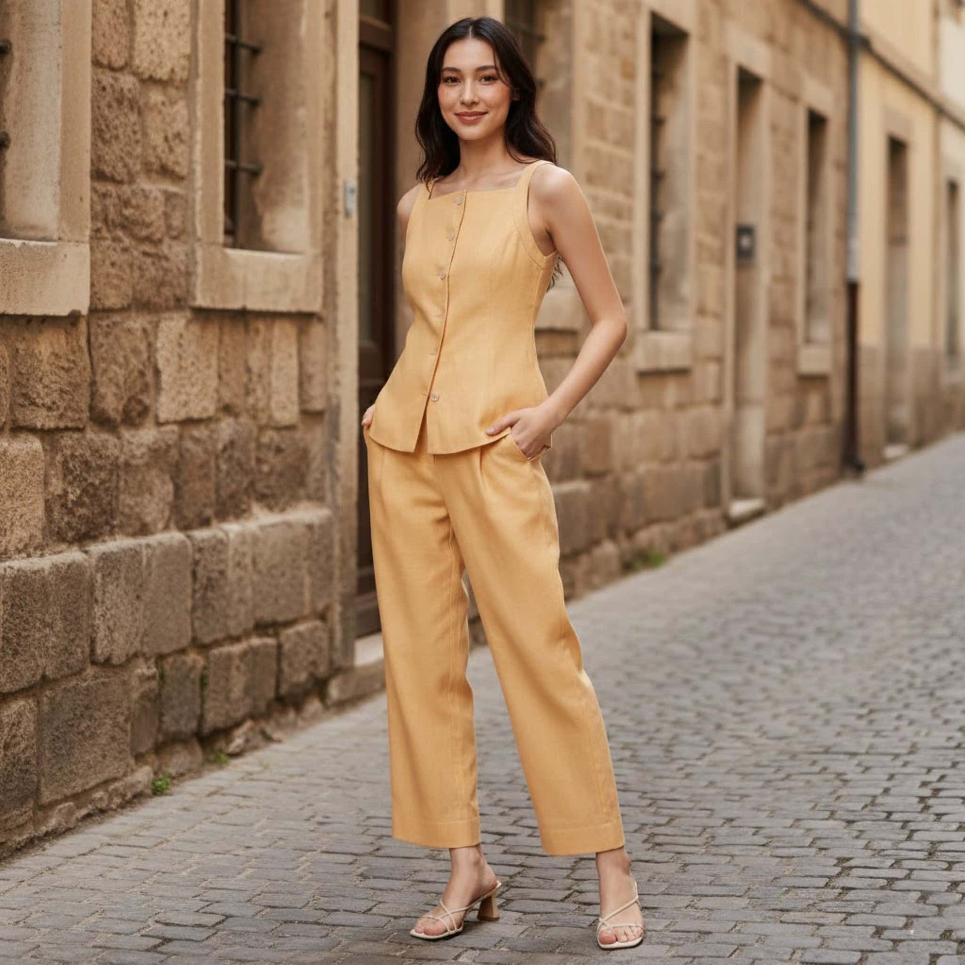 Linen Vest And Pants Set, Sleeveless Vest And Cropped Pants Set