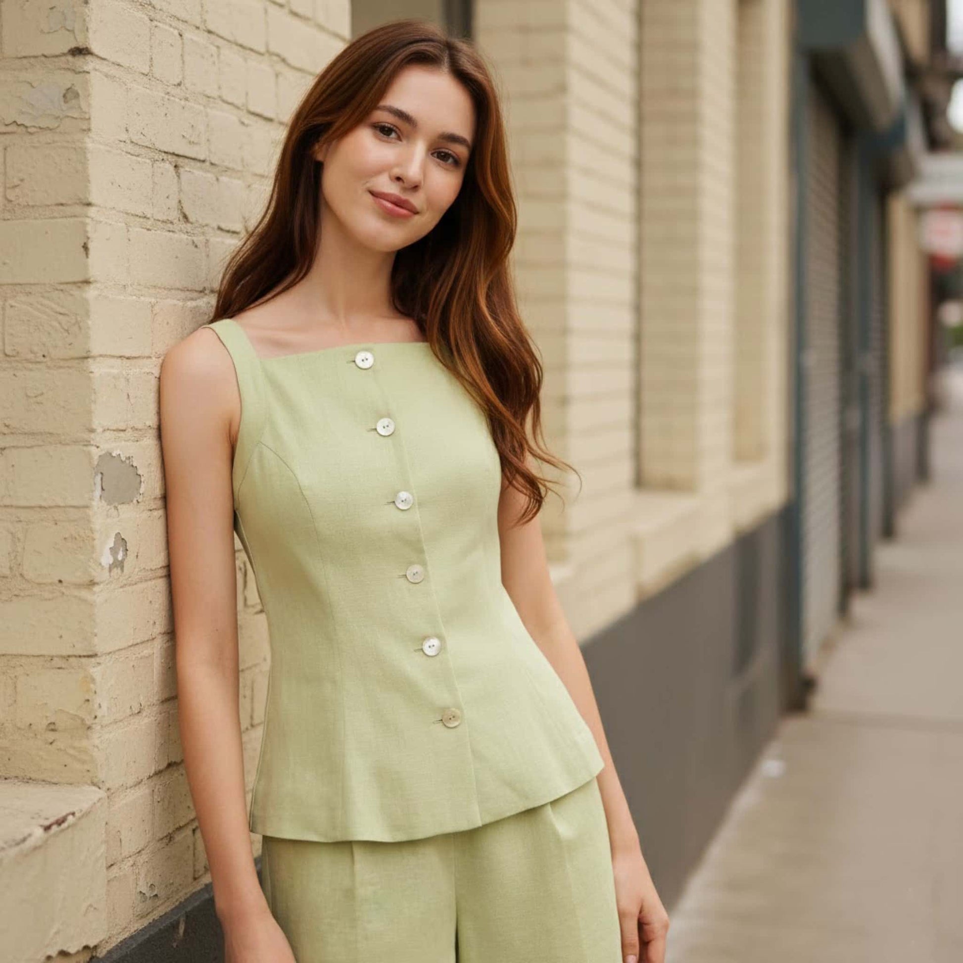 Linen Vest And Pants Set, Sleeveless Vest And Cropped Pants Set