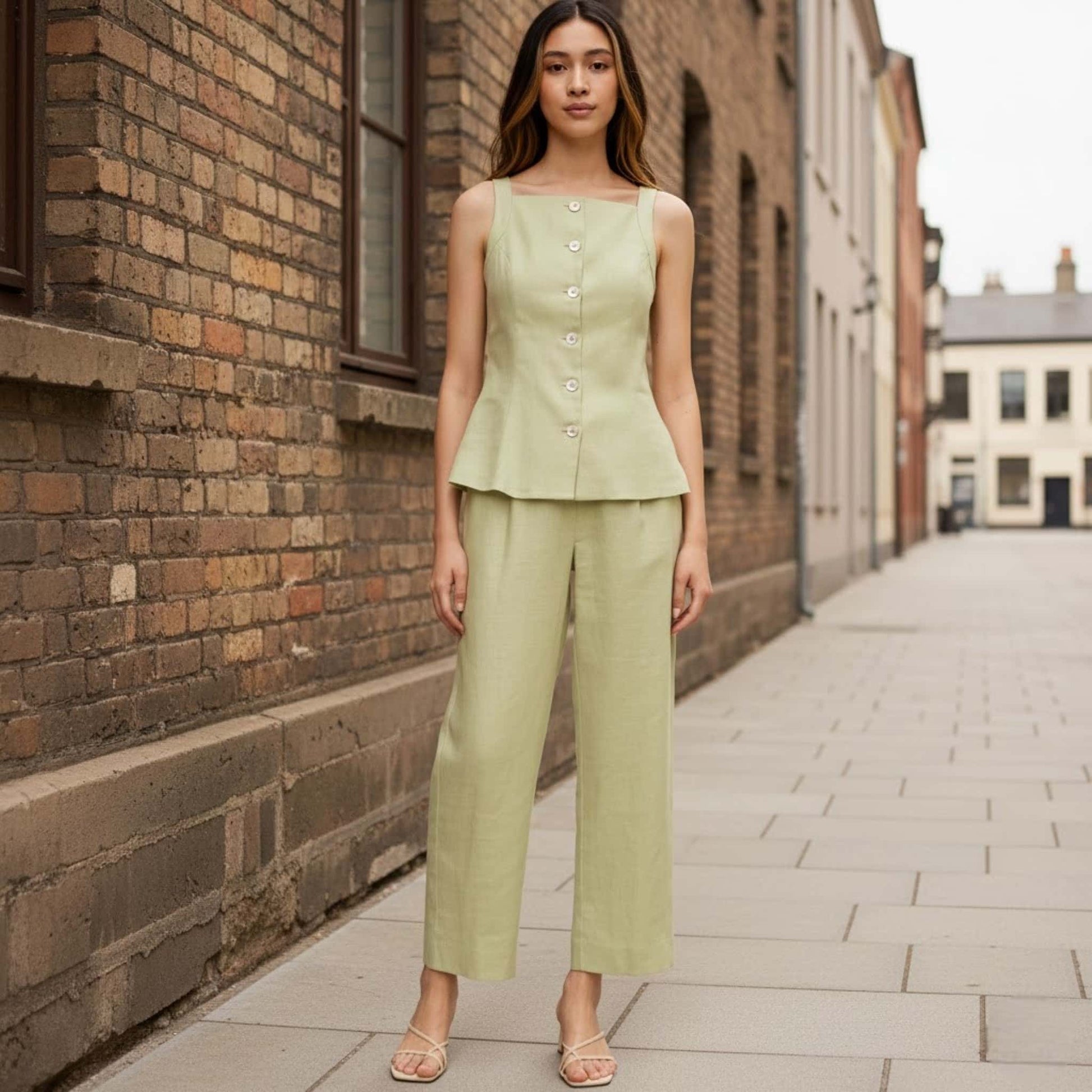 Linen Vest And Pants Set, Sleeveless Vest And Cropped Pants Set