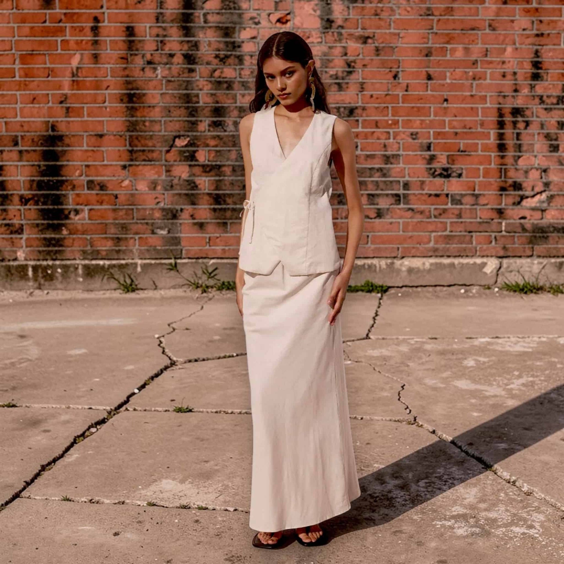 Linen Vest And Skirt Set​, Sleeveless Wrap Top And Maxi Skirt Set
