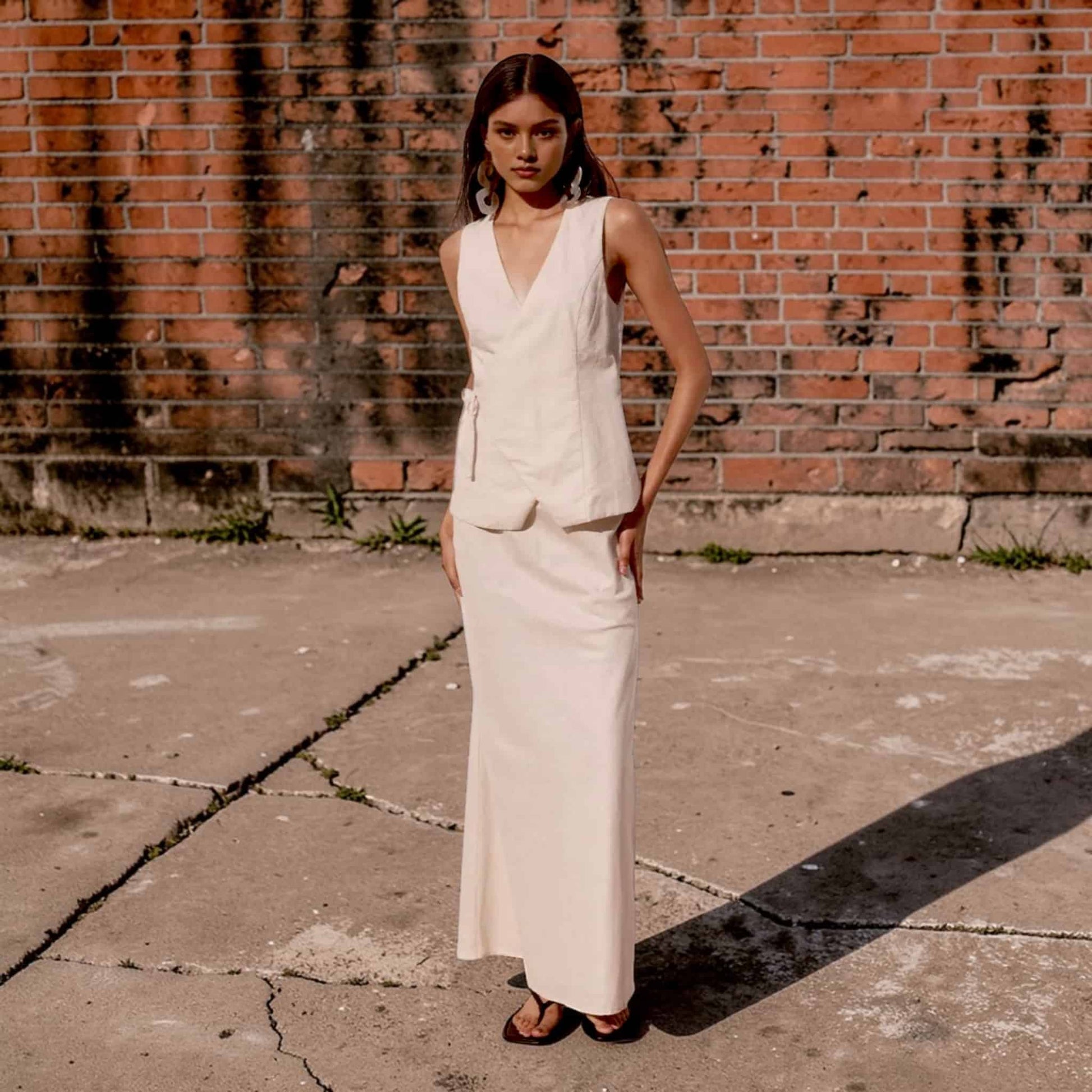 Linen Vest And Skirt Set​, Sleeveless Wrap Top And Maxi Skirt Set