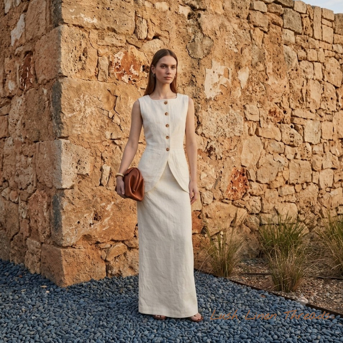Linen Vest And Skirt Set, Sleeveless Wrap Top And Maxi Skirt Set