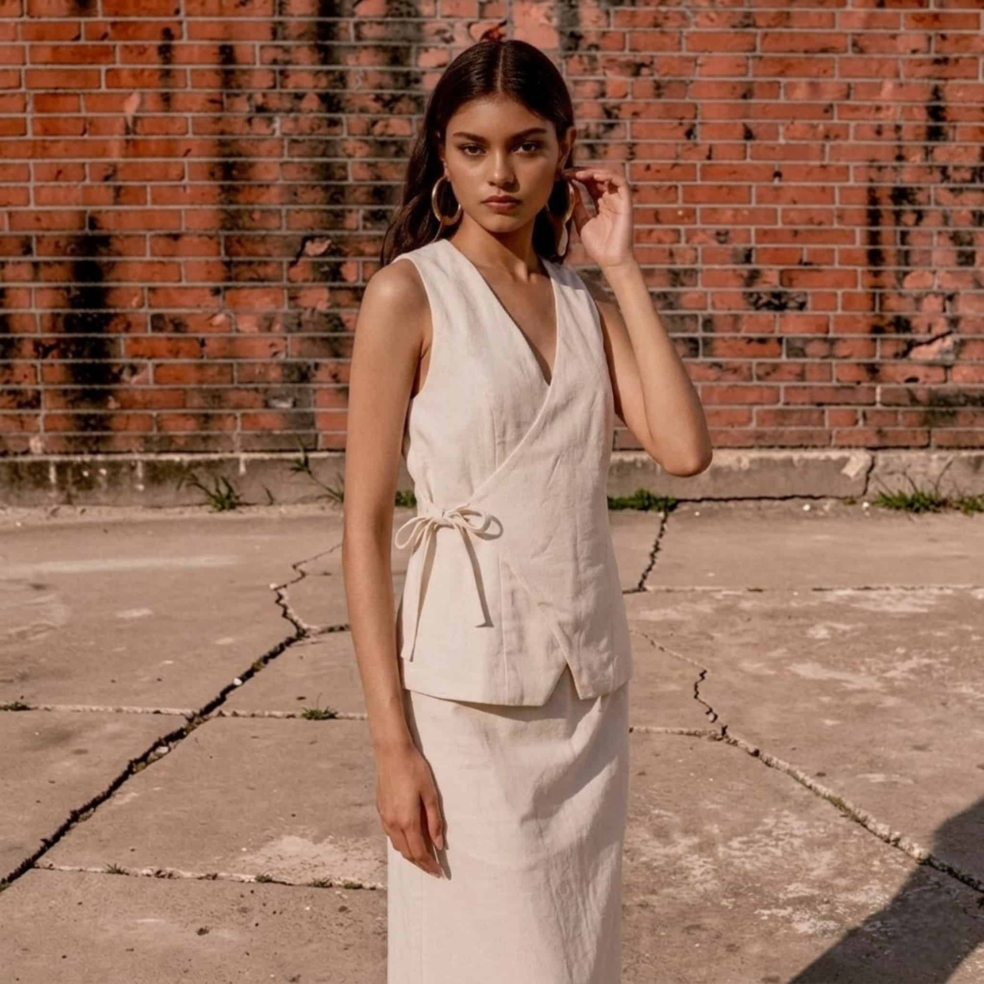 Linen Vest And Skirt Set​, Sleeveless Wrap Top And Maxi Skirt Set